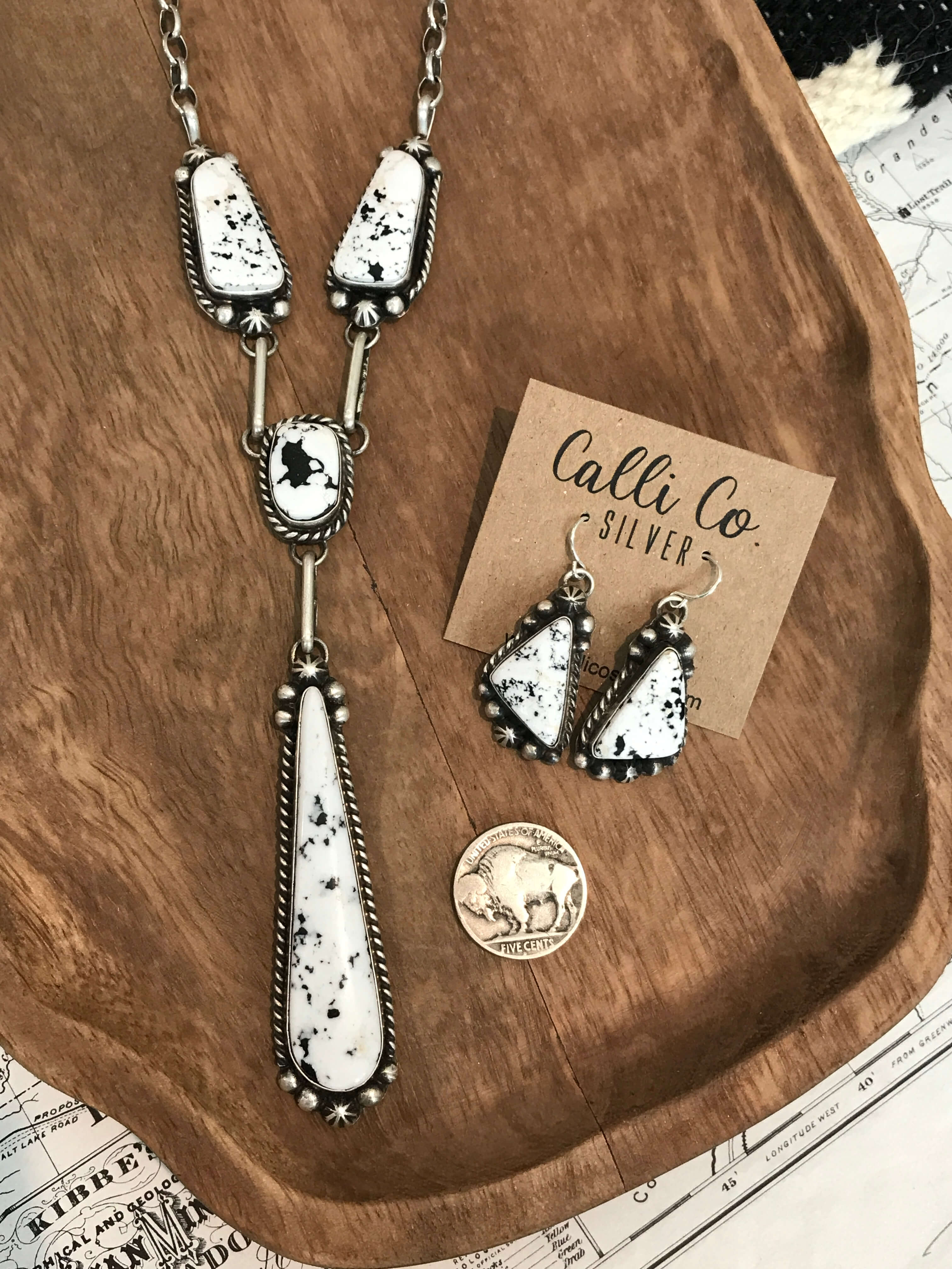 The Midvale White Buffalo Lariat Necklace Set-Necklaces-Calli Co., Turquoise and Silver Jewelry, Native American Handmade, Zuni Tribe, Navajo Tribe, Brock Texas