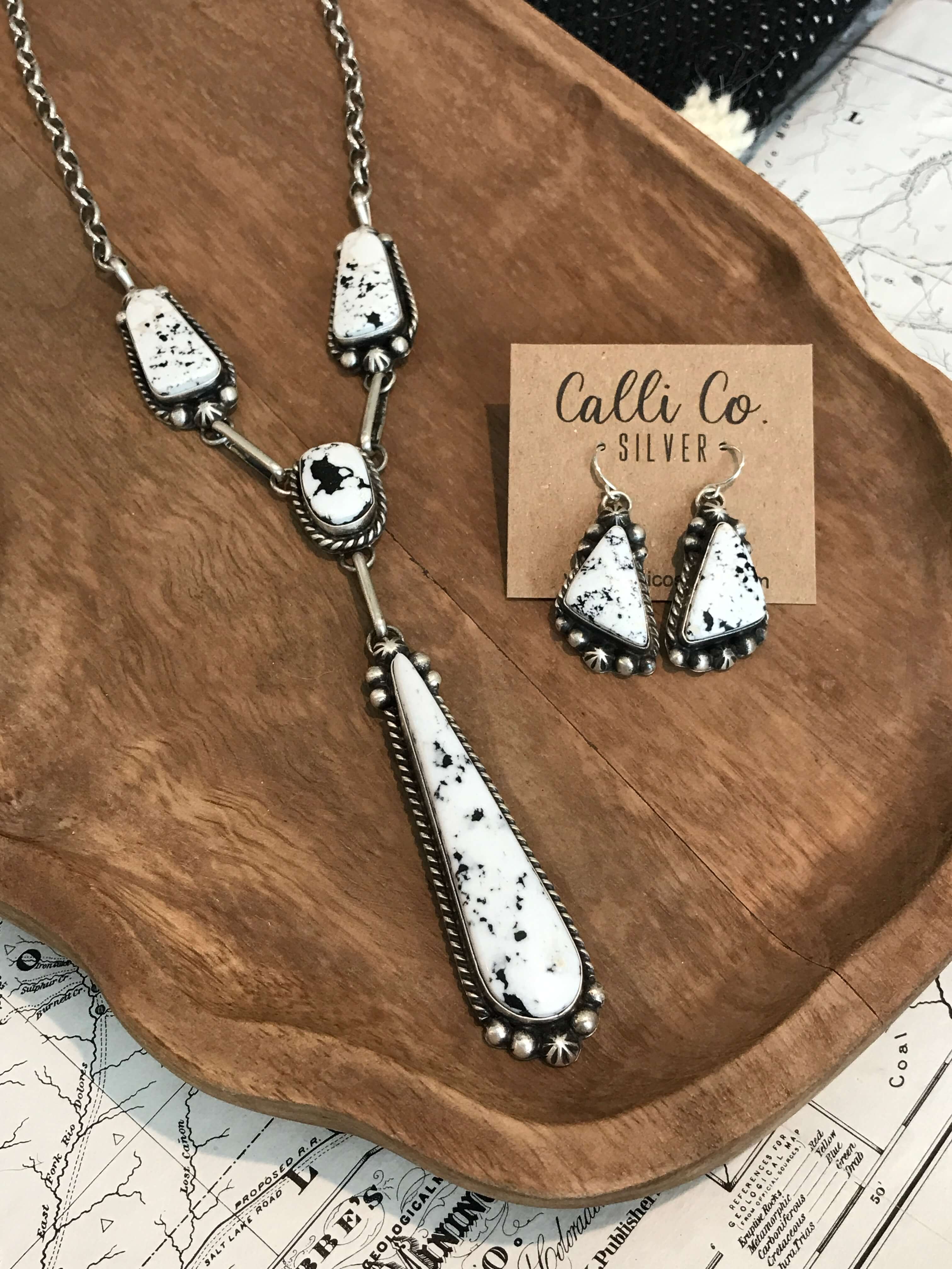 The Midvale White Buffalo Lariat Necklace Set-Necklaces-Calli Co., Turquoise and Silver Jewelry, Native American Handmade, Zuni Tribe, Navajo Tribe, Brock Texas