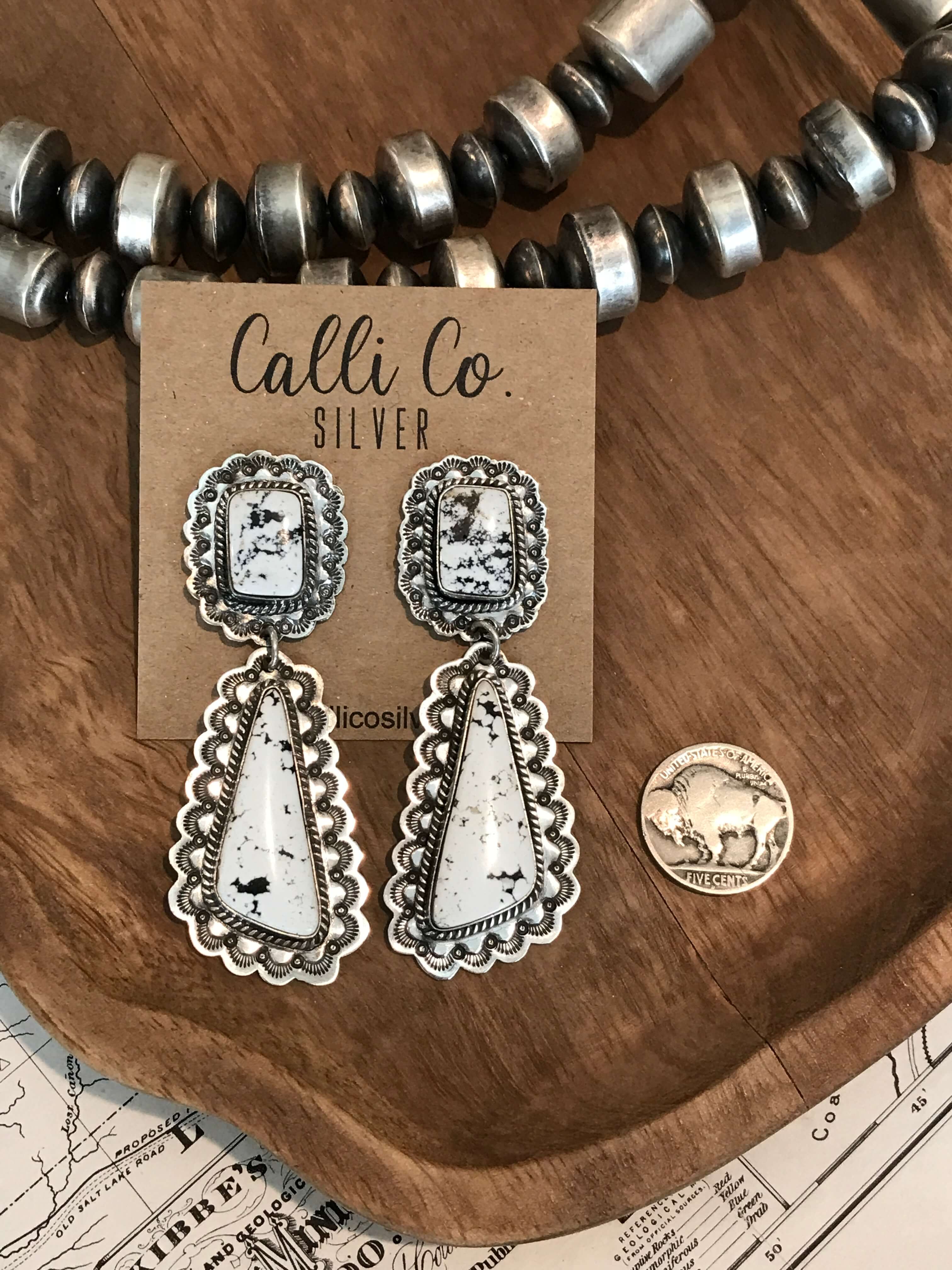 The Charlevoix White Buffalo Earrings, 2-Earrings-Calli Co., Turquoise and Silver Jewelry, Native American Handmade, Zuni Tribe, Navajo Tribe, Brock Texas