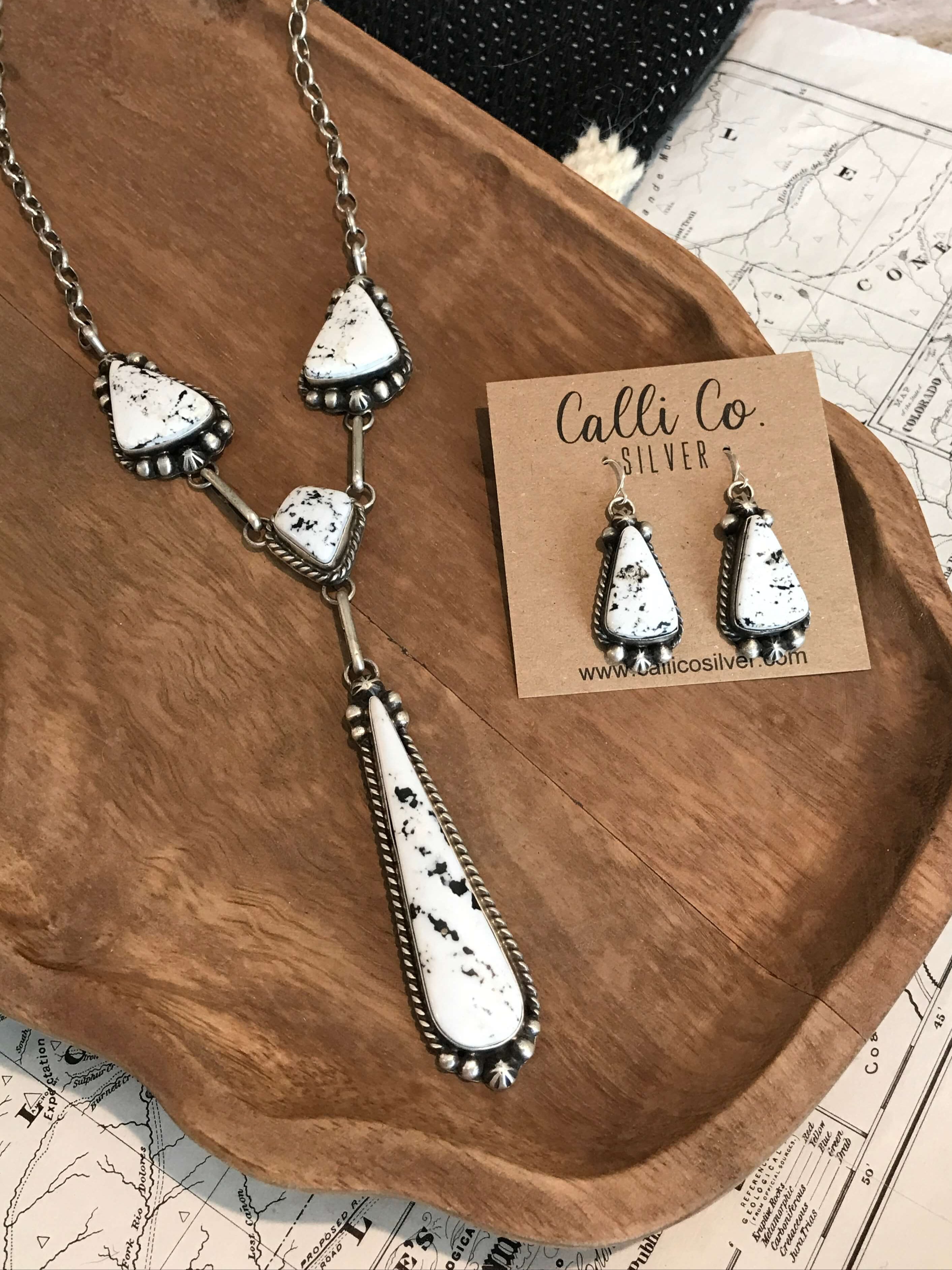 The Dayton White Buffalo Lariat Necklace Set-Necklaces-Calli Co., Turquoise and Silver Jewelry, Native American Handmade, Zuni Tribe, Navajo Tribe, Brock Texas