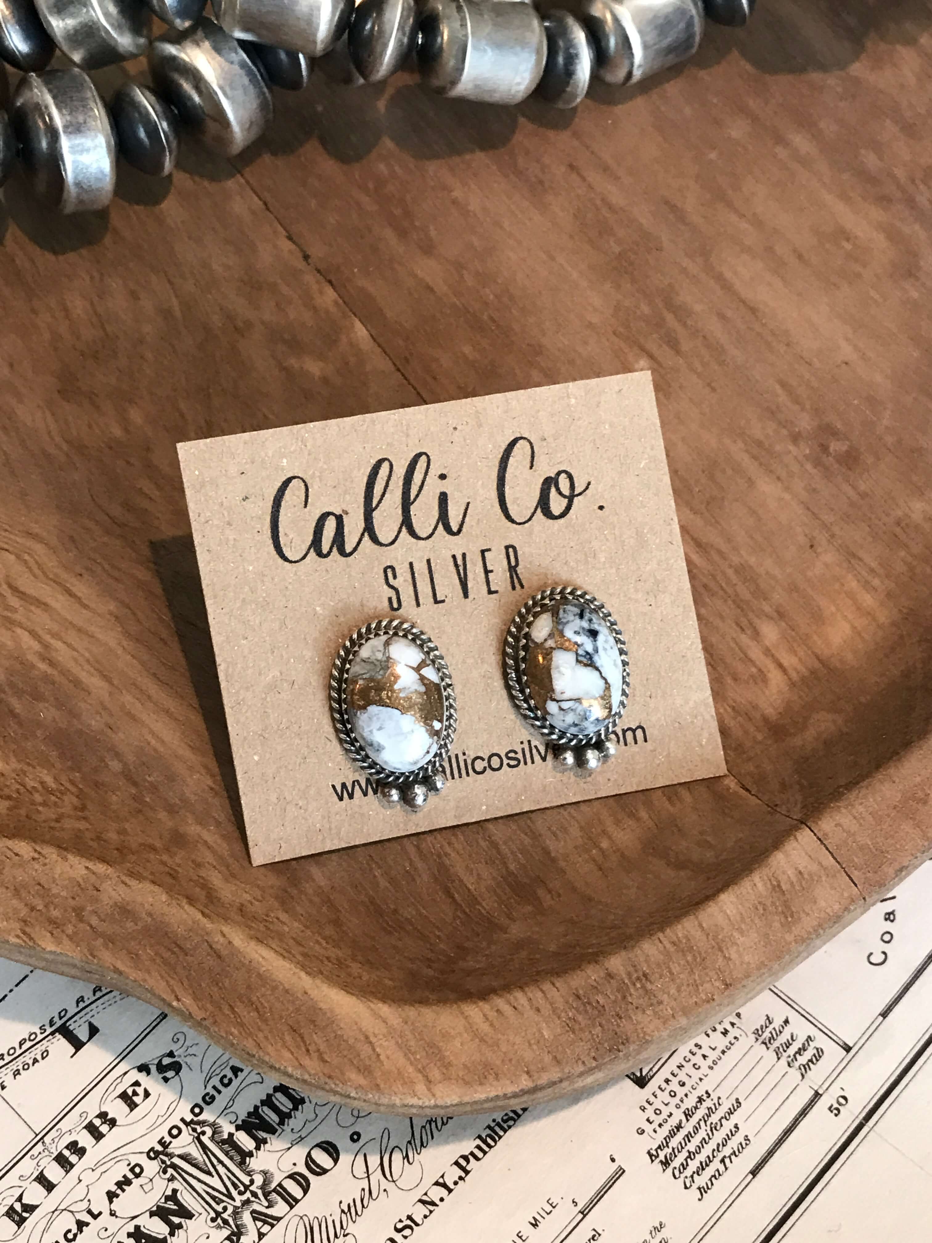 The White Buffalo and Bronze Earrings, 3-Earrings-Calli Co., Turquoise and Silver Jewelry, Native American Handmade, Zuni Tribe, Navajo Tribe, Brock Texas