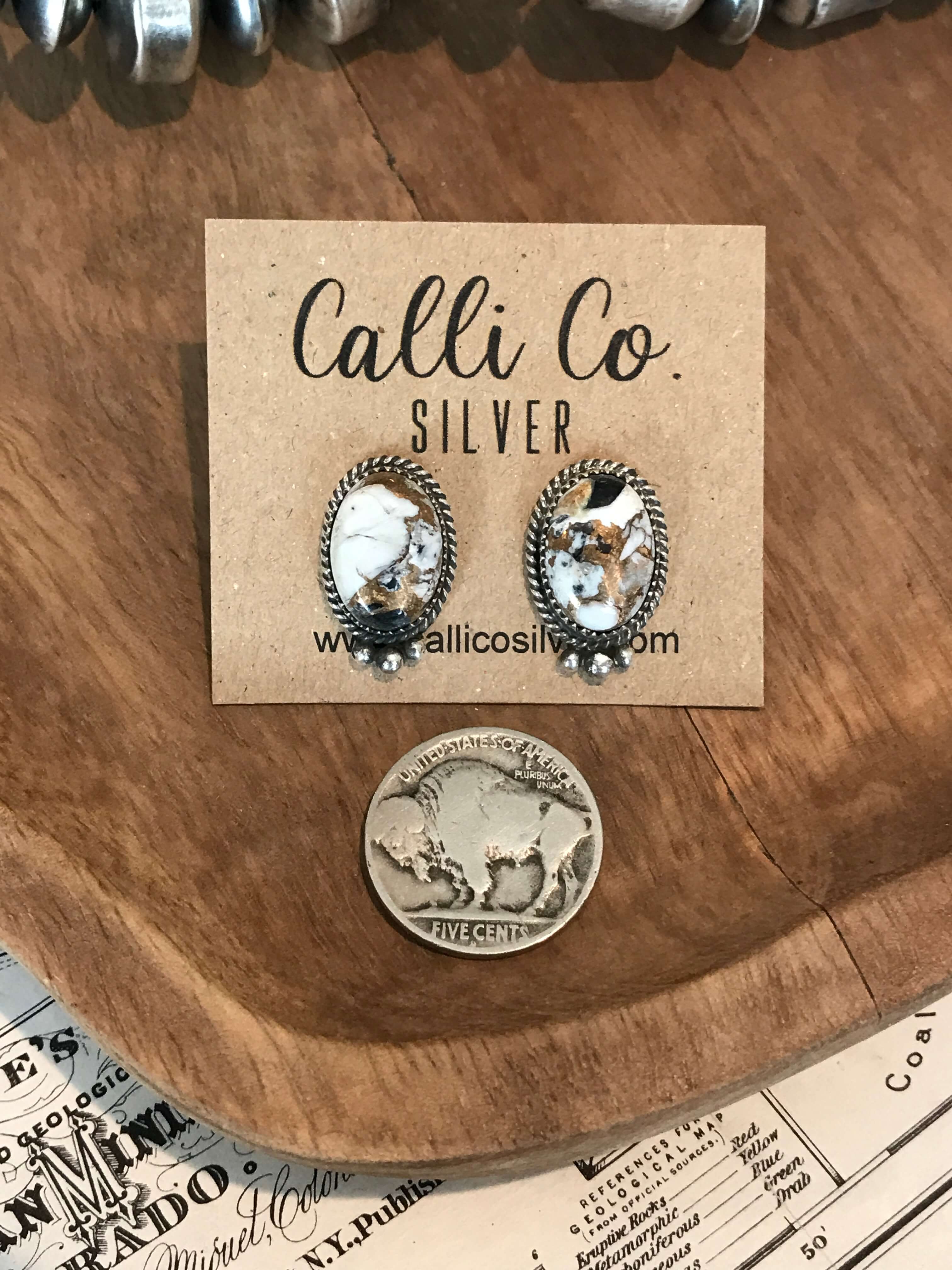 The White Buffalo and Bronze Earrings, 6-Earrings-Calli Co., Turquoise and Silver Jewelry, Native American Handmade, Zuni Tribe, Navajo Tribe, Brock Texas