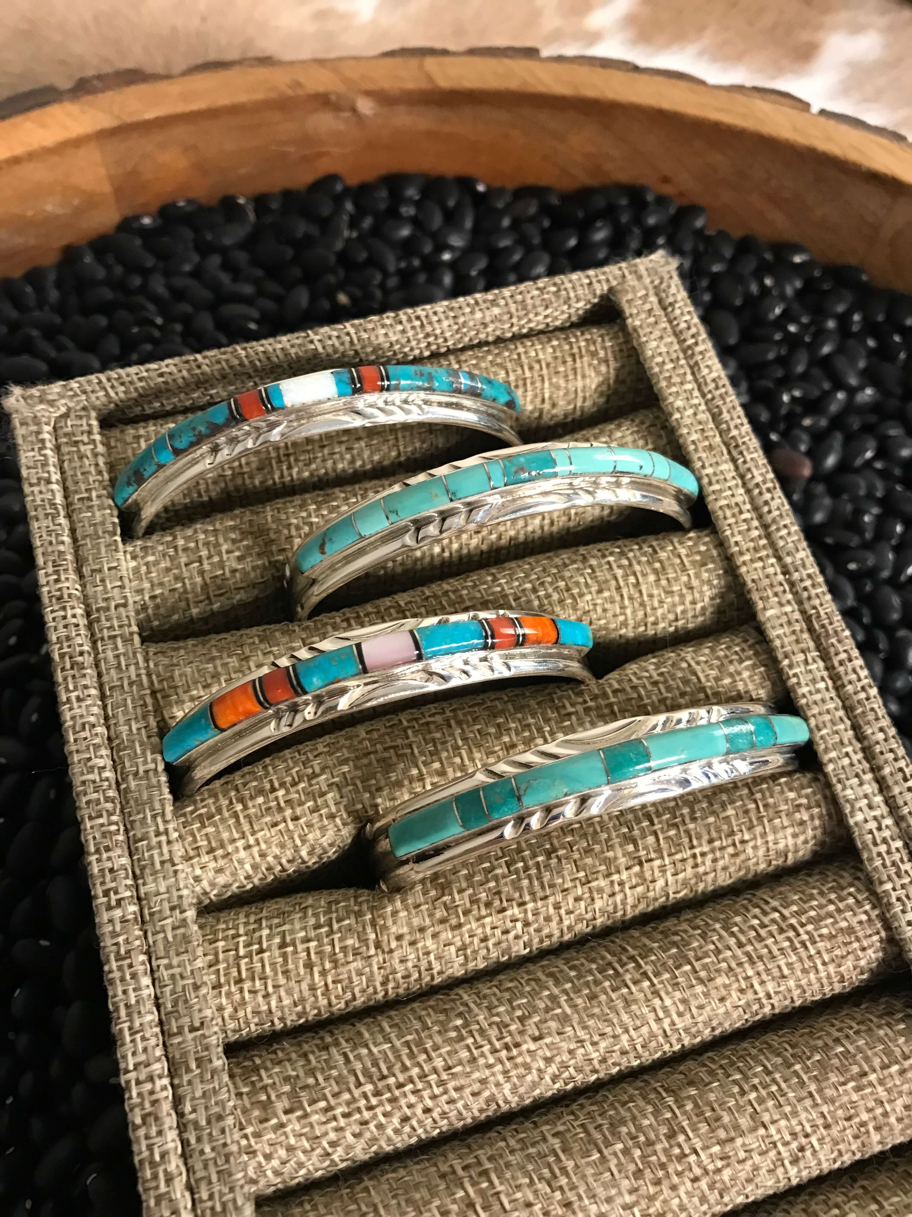 The Turquoise Inlay Cuffs-Bracelets & Cuffs-Calli Co., Turquoise and Silver Jewelry, Native American Handmade, Zuni Tribe, Navajo Tribe, Brock Texas