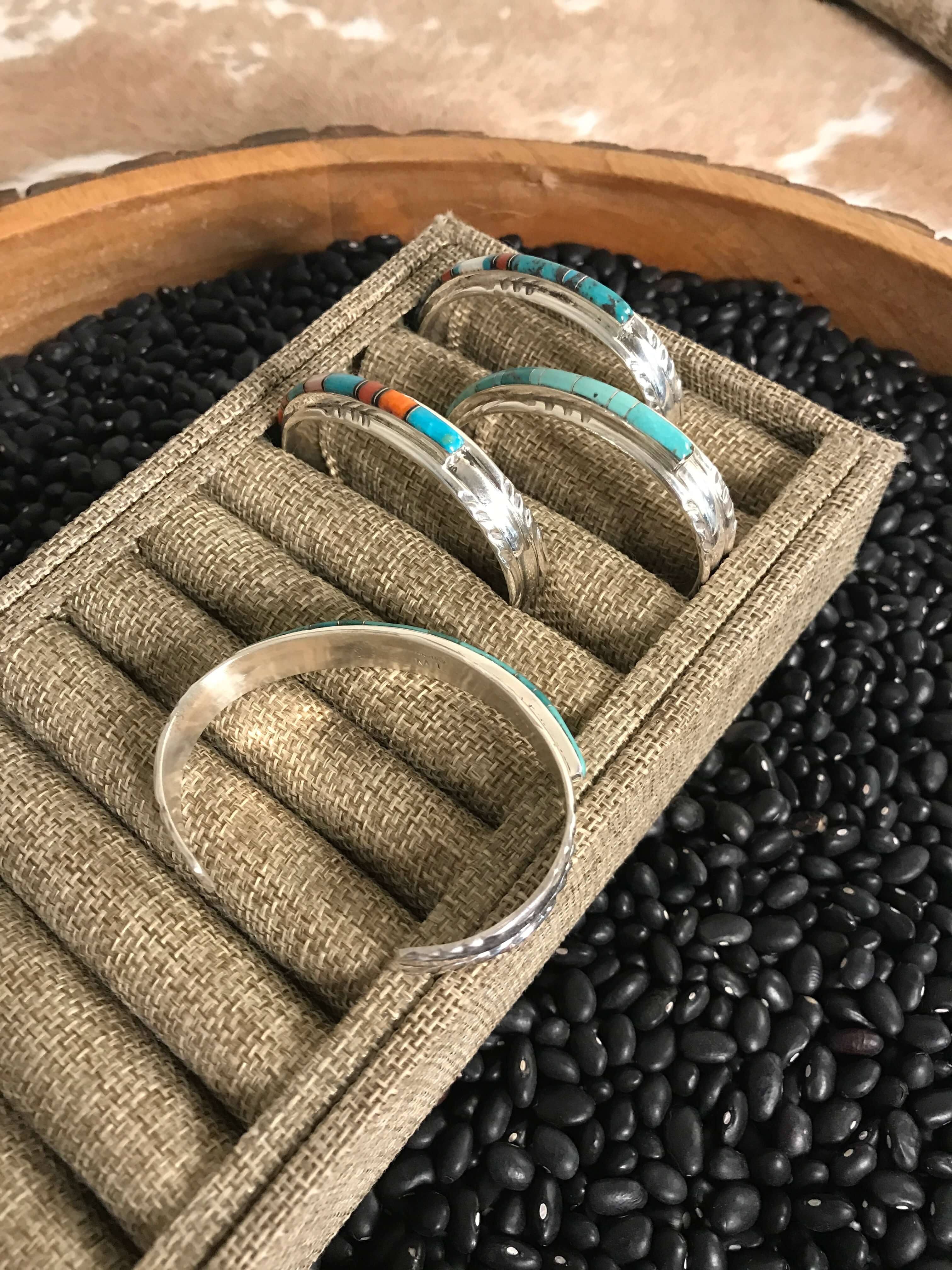 The Turquoise Inlay Cuffs-Bracelets & Cuffs-Calli Co., Turquoise and Silver Jewelry, Native American Handmade, Zuni Tribe, Navajo Tribe, Brock Texas