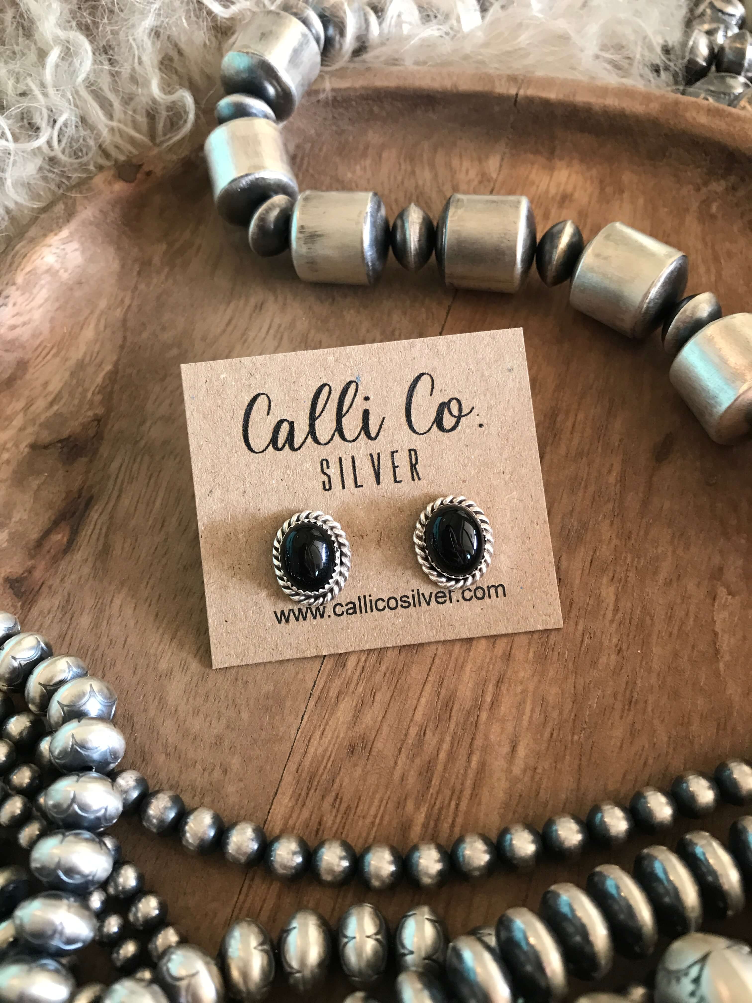 The Crow Onyx Earrings-Earrings-Calli Co., Turquoise and Silver Jewelry, Native American Handmade, Zuni Tribe, Navajo Tribe, Brock Texas