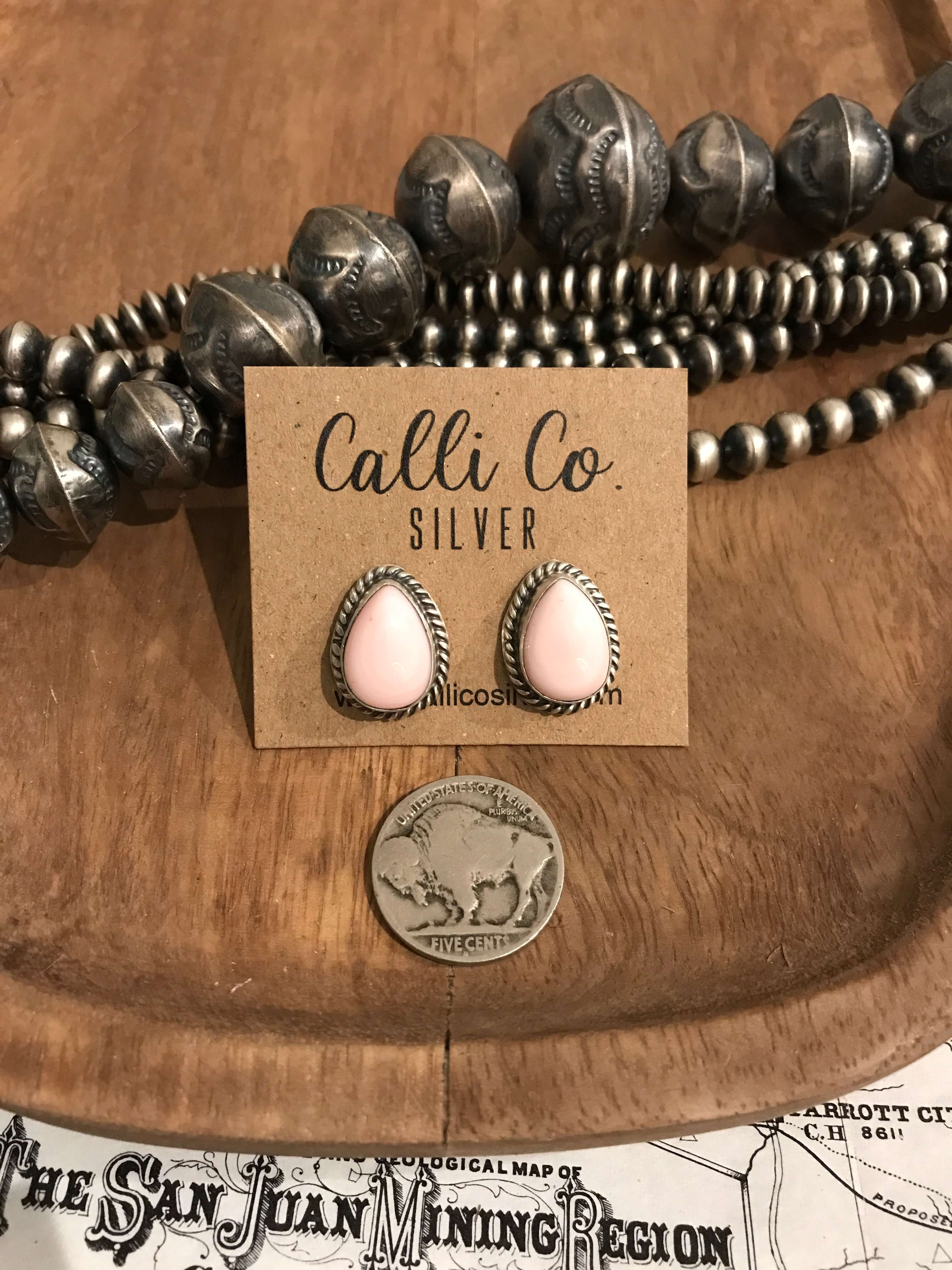 The Pink Conch Teardrop Studs, 1-Earrings-Calli Co., Turquoise and Silver Jewelry, Native American Handmade, Zuni Tribe, Navajo Tribe, Brock Texas