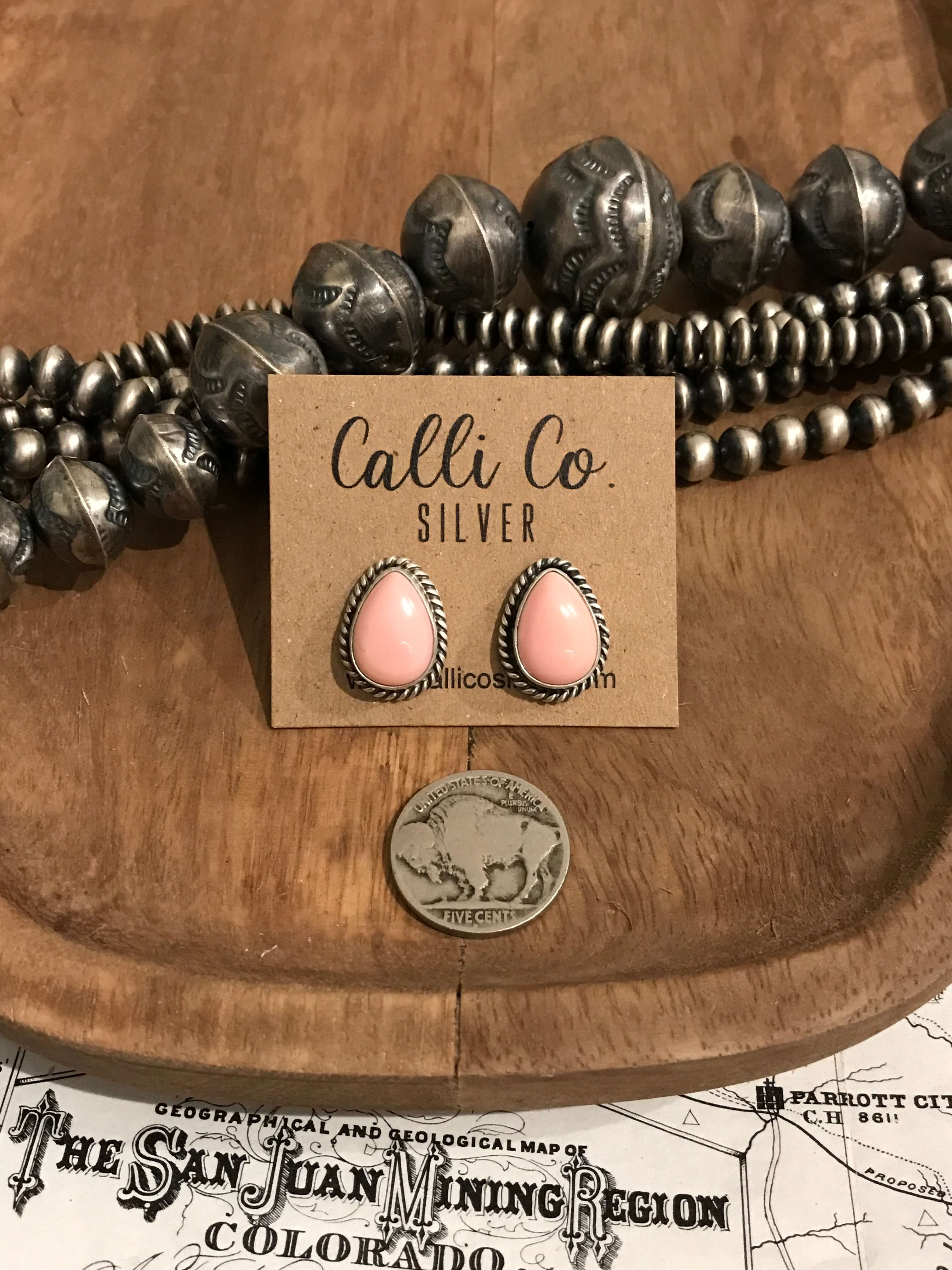 The Pink Conch Teardrop Studs, 2-Earrings-Calli Co., Turquoise and Silver Jewelry, Native American Handmade, Zuni Tribe, Navajo Tribe, Brock Texas