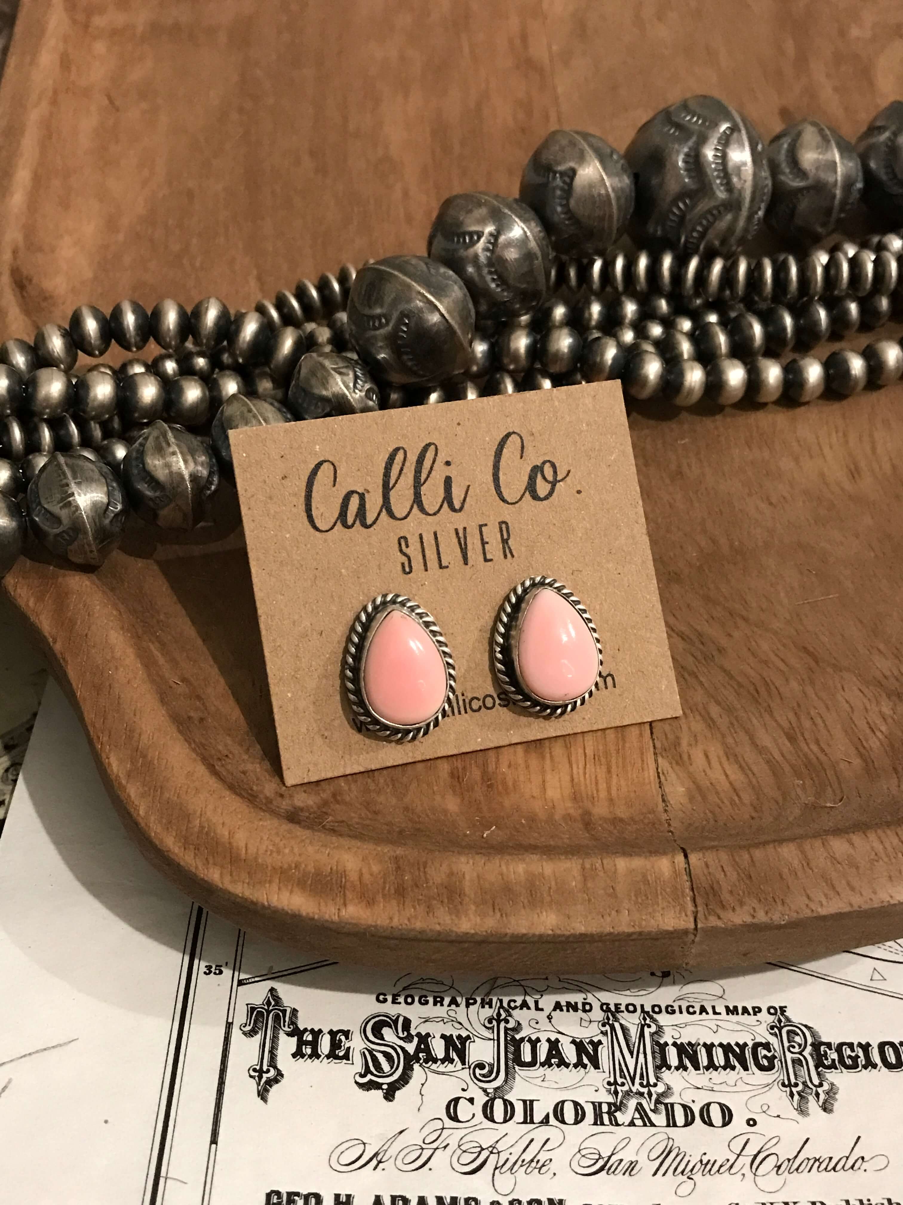 The Pink Conch Teardrop Studs, 3-Earrings-Calli Co., Turquoise and Silver Jewelry, Native American Handmade, Zuni Tribe, Navajo Tribe, Brock Texas