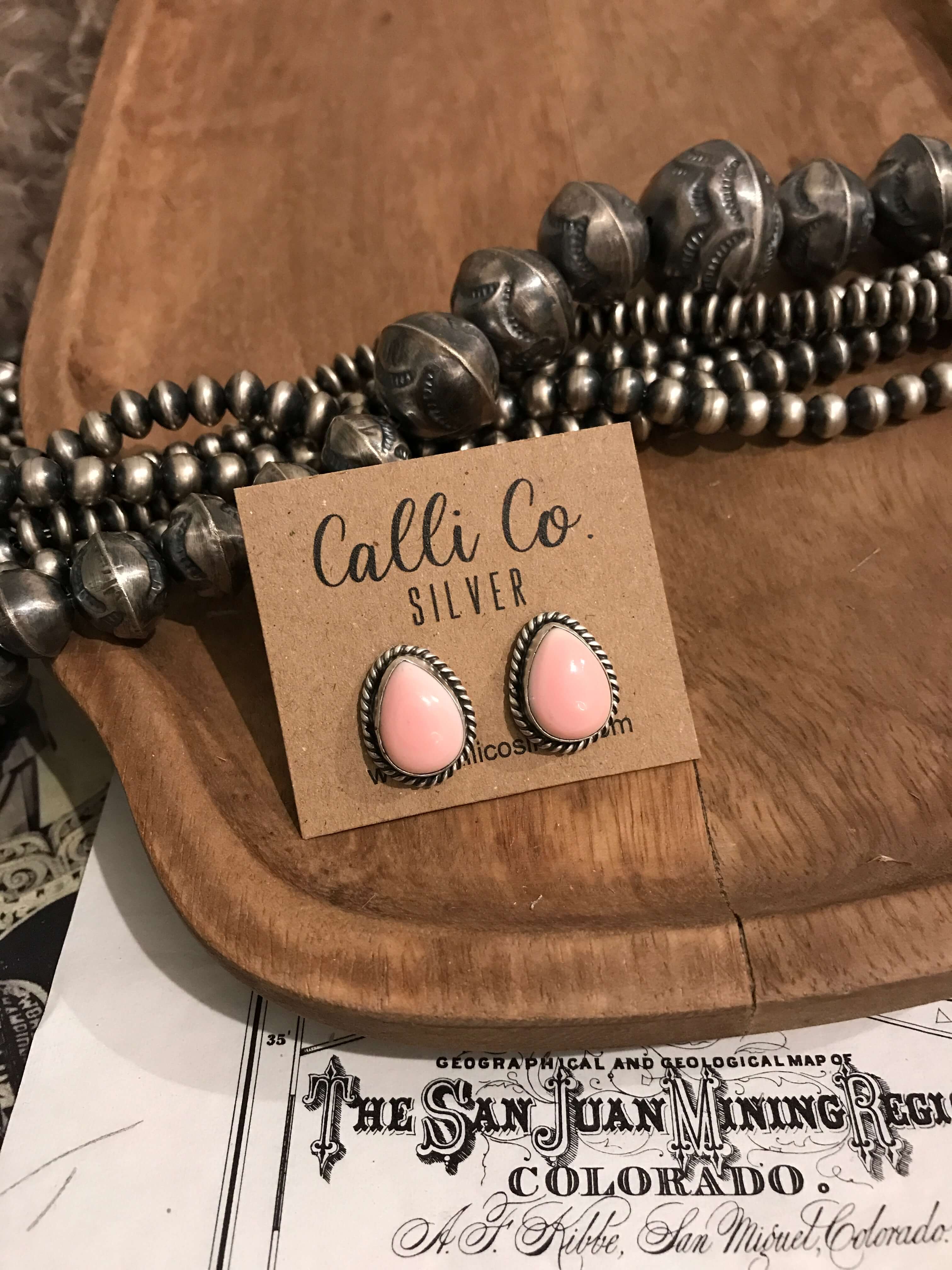 The Pink Conch Teardrop Studs, 4-Earrings-Calli Co., Turquoise and Silver Jewelry, Native American Handmade, Zuni Tribe, Navajo Tribe, Brock Texas