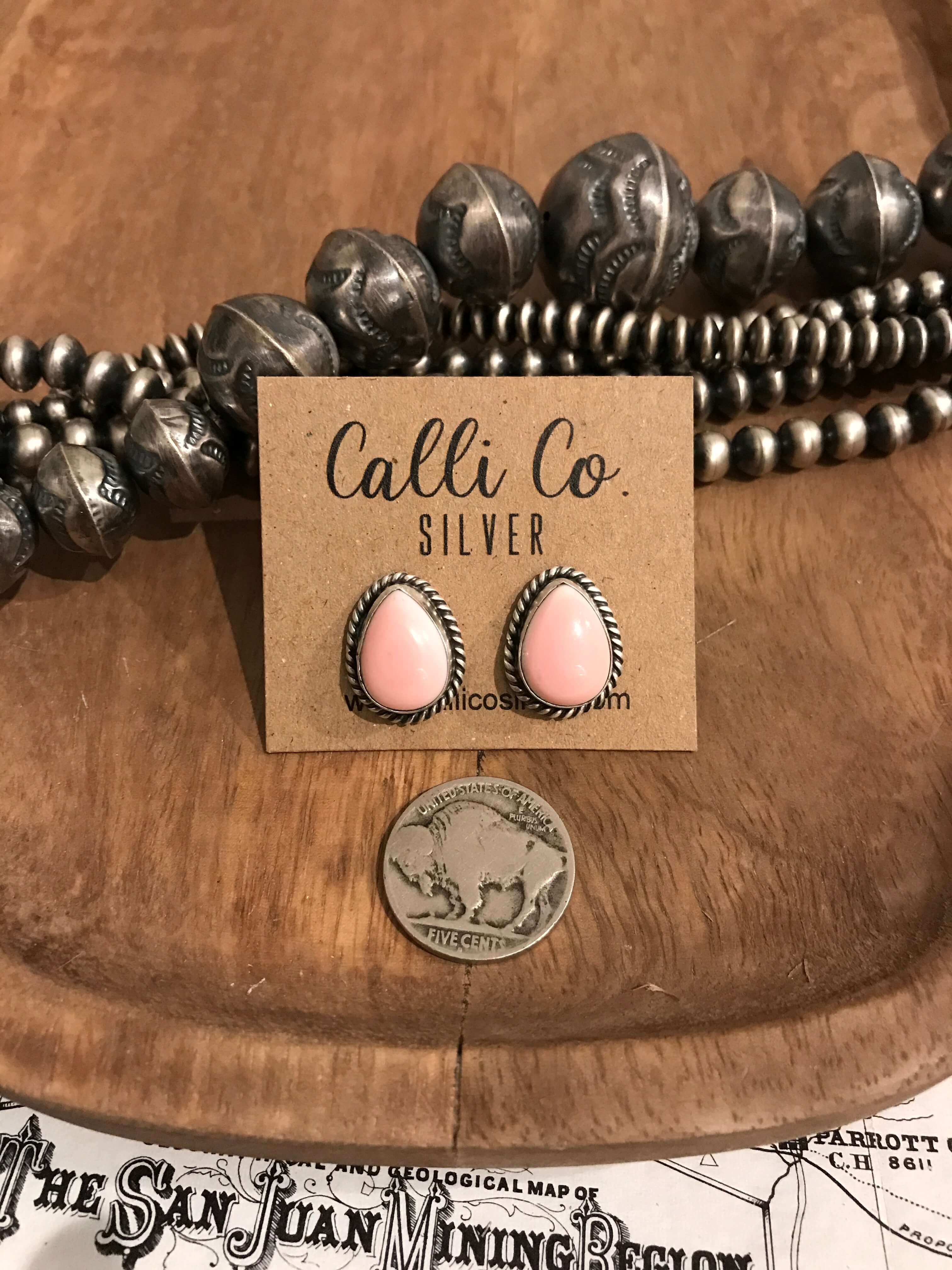 The Pink Conch Teardrop Studs, 4-Earrings-Calli Co., Turquoise and Silver Jewelry, Native American Handmade, Zuni Tribe, Navajo Tribe, Brock Texas