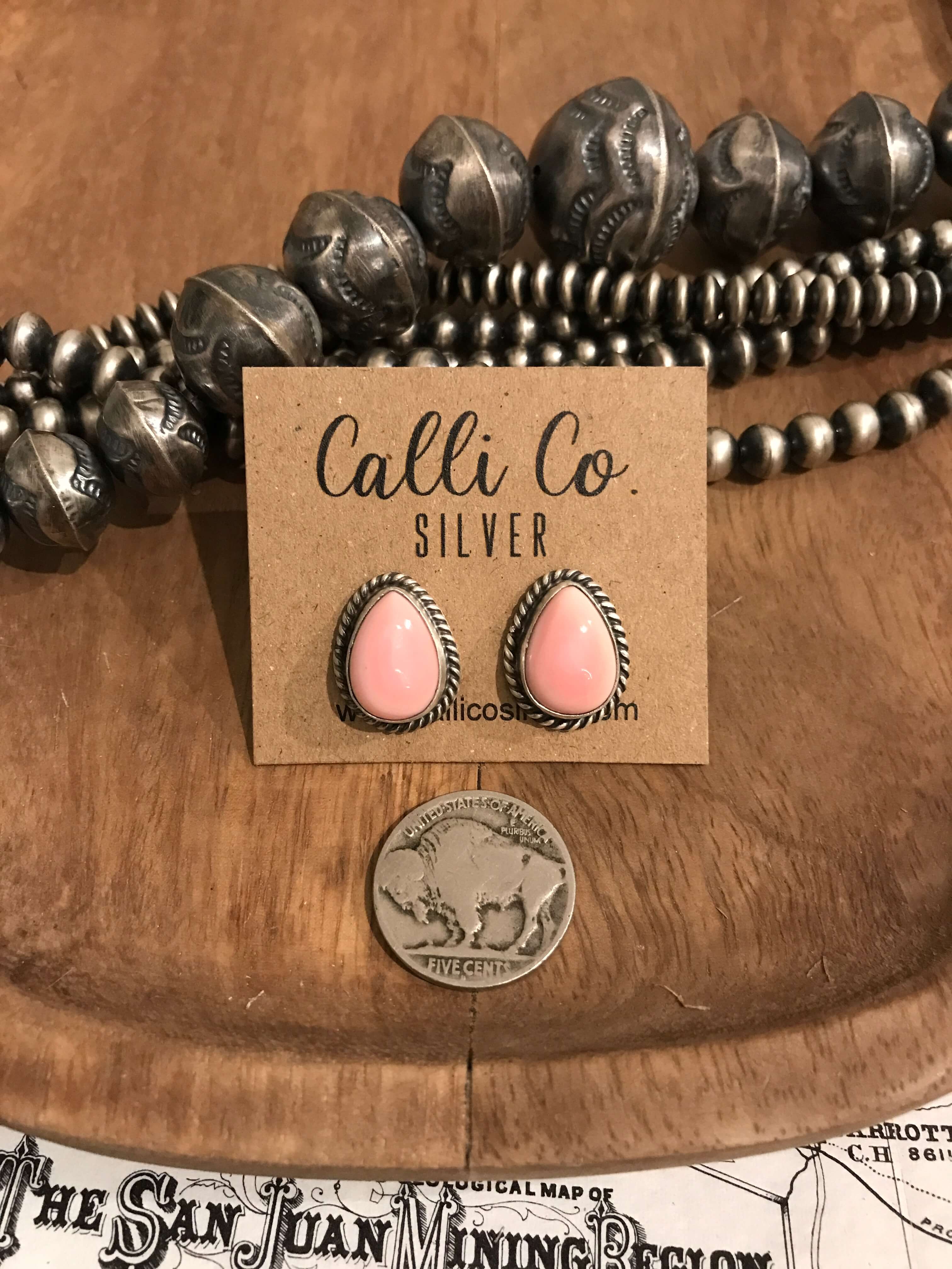 The Pink Conch Teardrop Studs, 5-Earrings-Calli Co., Turquoise and Silver Jewelry, Native American Handmade, Zuni Tribe, Navajo Tribe, Brock Texas