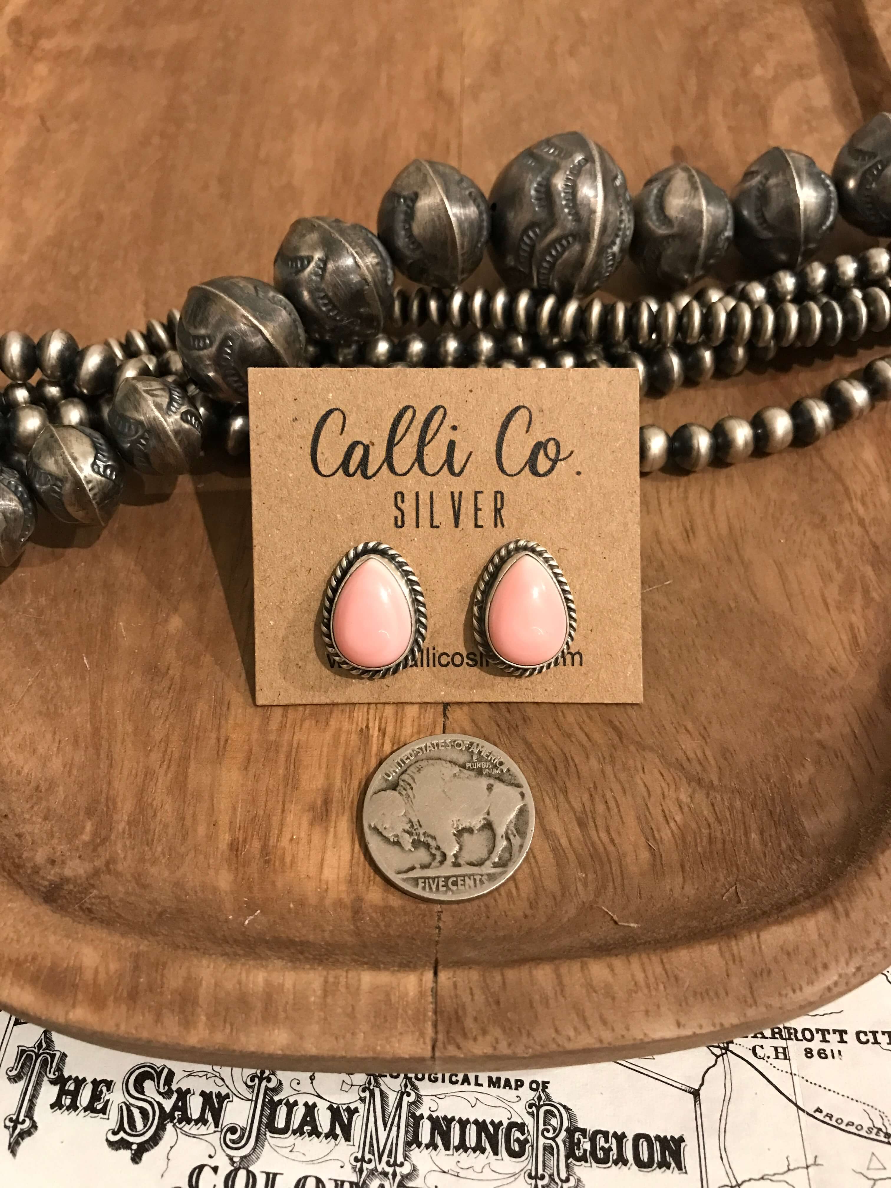 The Pink Conch Teardrop Studs, 6-Earrings-Calli Co., Turquoise and Silver Jewelry, Native American Handmade, Zuni Tribe, Navajo Tribe, Brock Texas