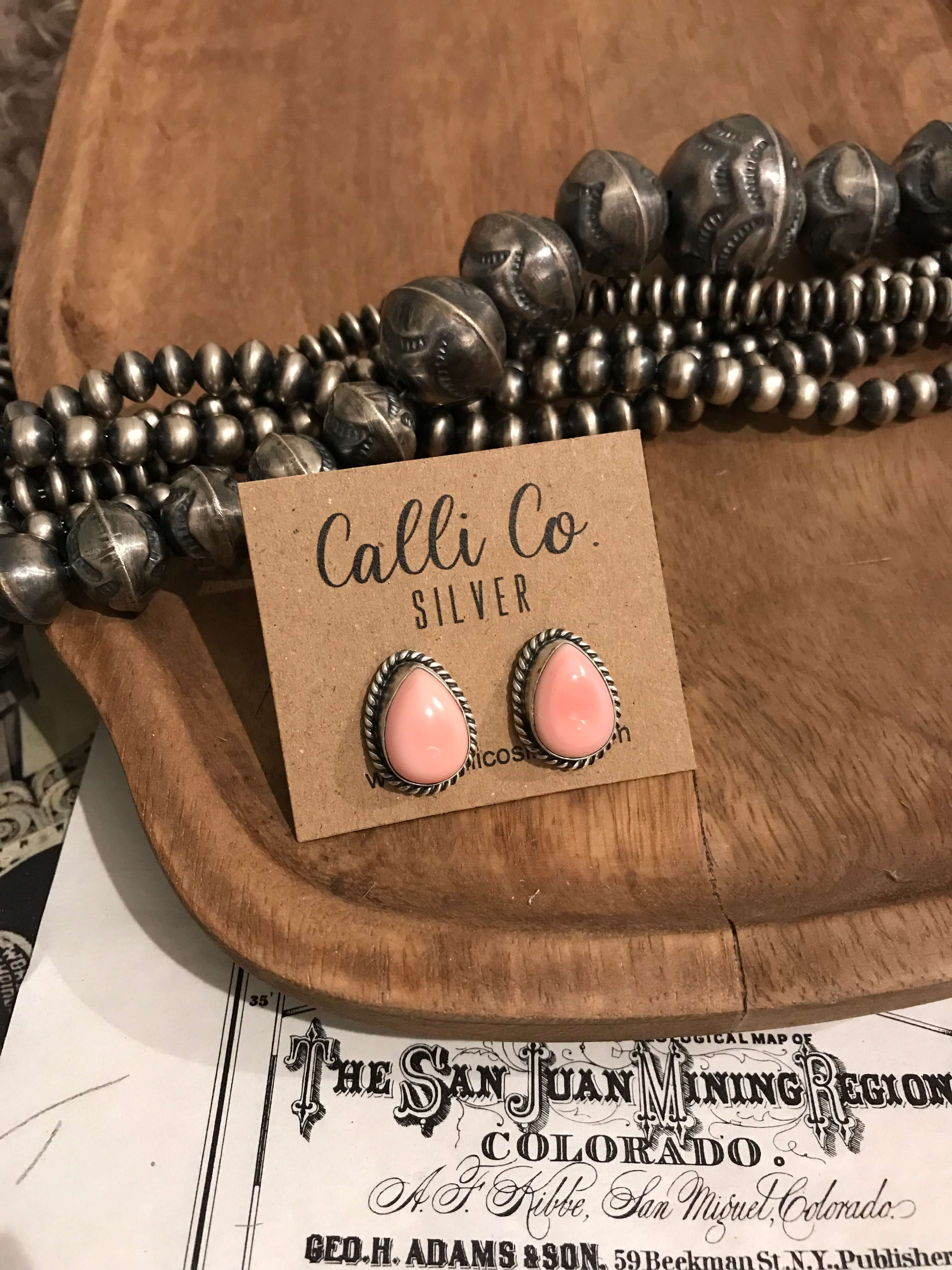 The Pink Conch Teardrop Studs, 8-Earrings-Calli Co., Turquoise and Silver Jewelry, Native American Handmade, Zuni Tribe, Navajo Tribe, Brock Texas