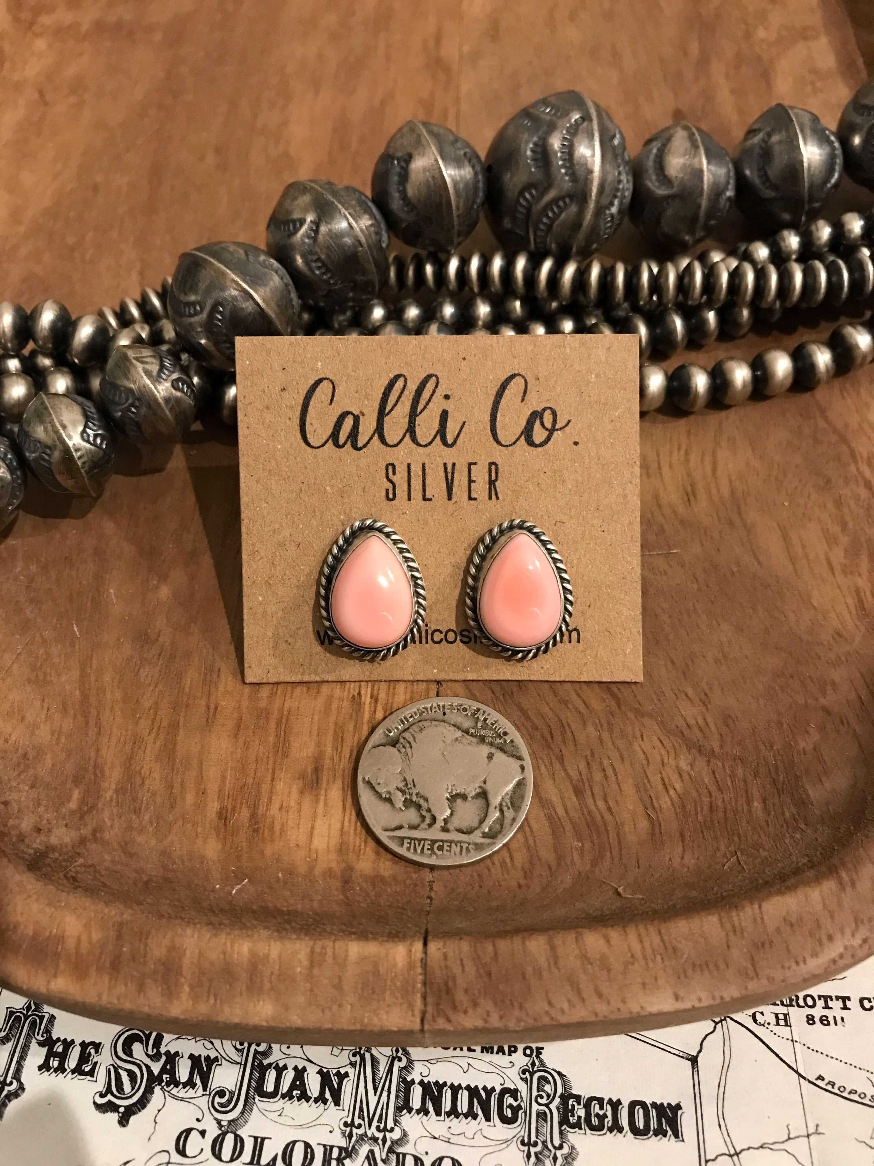 The Pink Conch Teardrop Studs, 8-Earrings-Calli Co., Turquoise and Silver Jewelry, Native American Handmade, Zuni Tribe, Navajo Tribe, Brock Texas