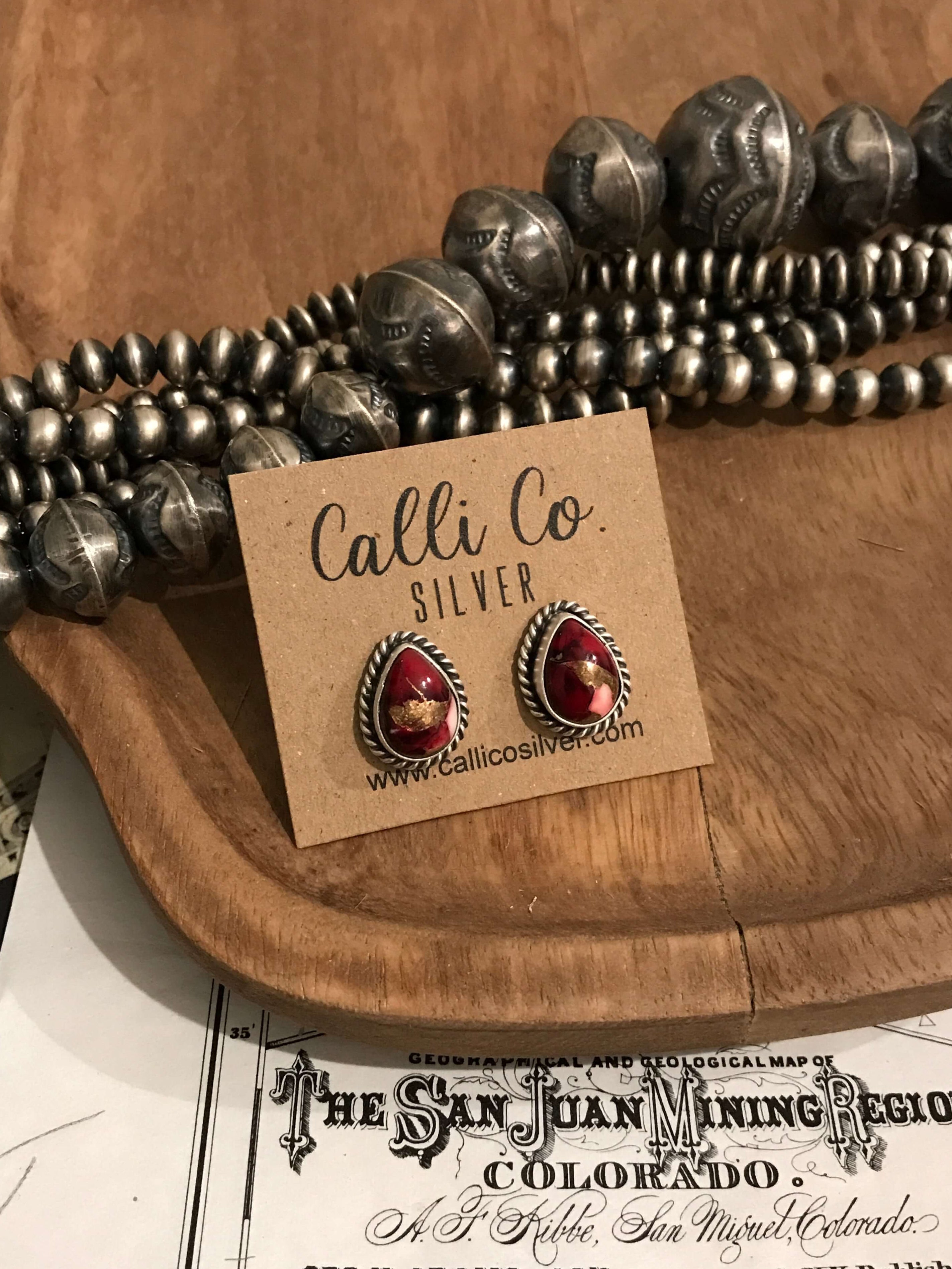 The Dahlia Rose Teardrop Studs, 4-Earrings-Calli Co., Turquoise and Silver Jewelry, Native American Handmade, Zuni Tribe, Navajo Tribe, Brock Texas