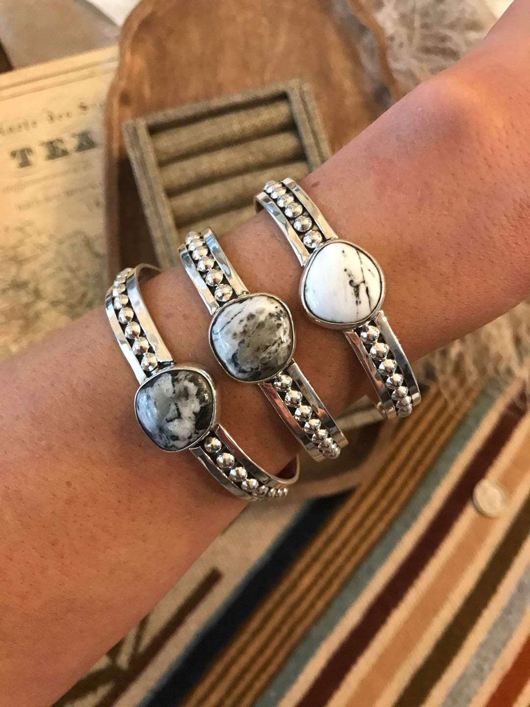 The Centralia White Buffalo Cuffs-Bracelets & Cuffs-Calli Co., Turquoise and Silver Jewelry, Native American Handmade, Zuni Tribe, Navajo Tribe, Brock Texas