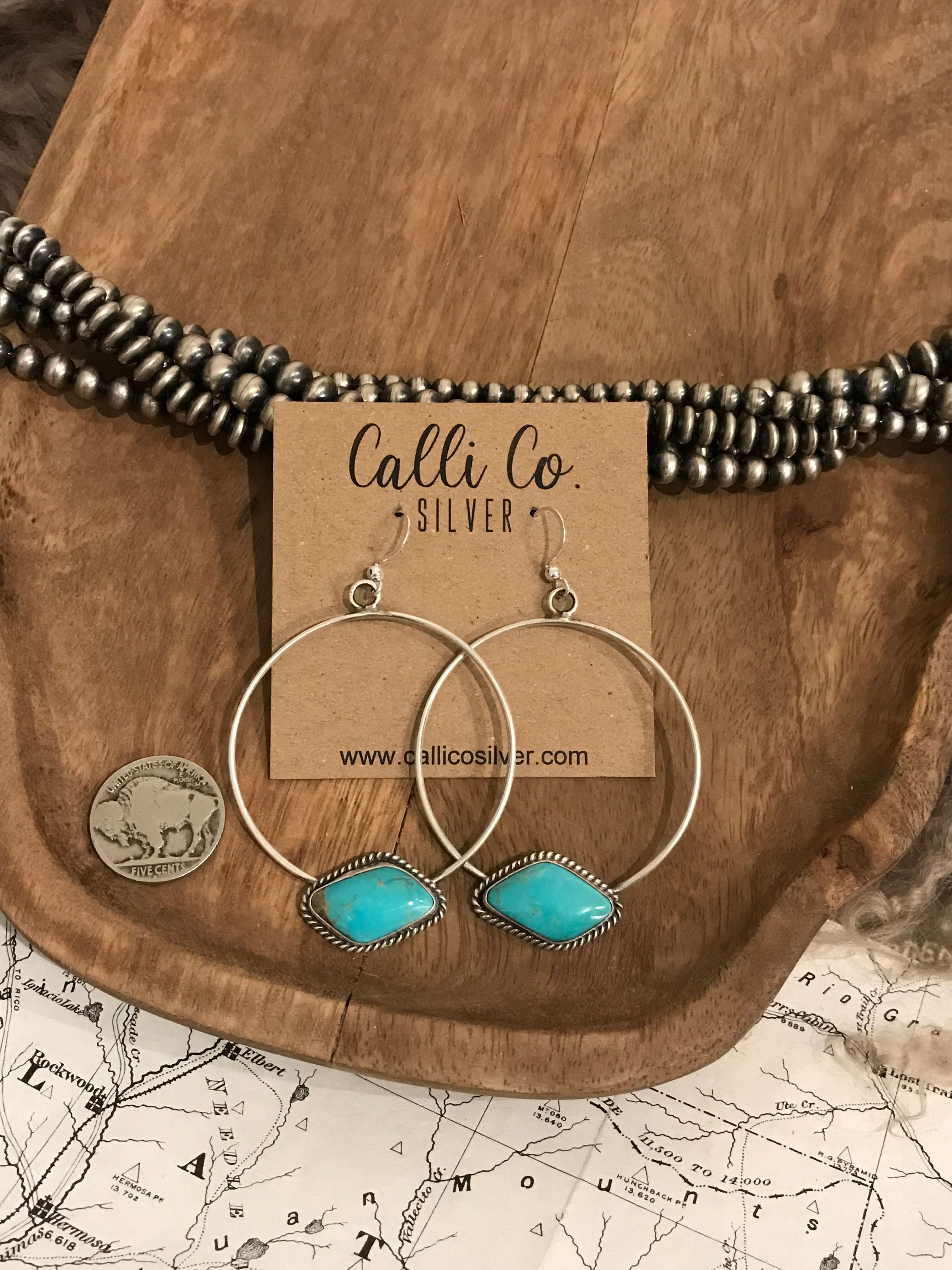 The Keystone Hoop Earrings, 23-Earrings-Calli Co., Turquoise and Silver Jewelry, Native American Handmade, Zuni Tribe, Navajo Tribe, Brock Texas