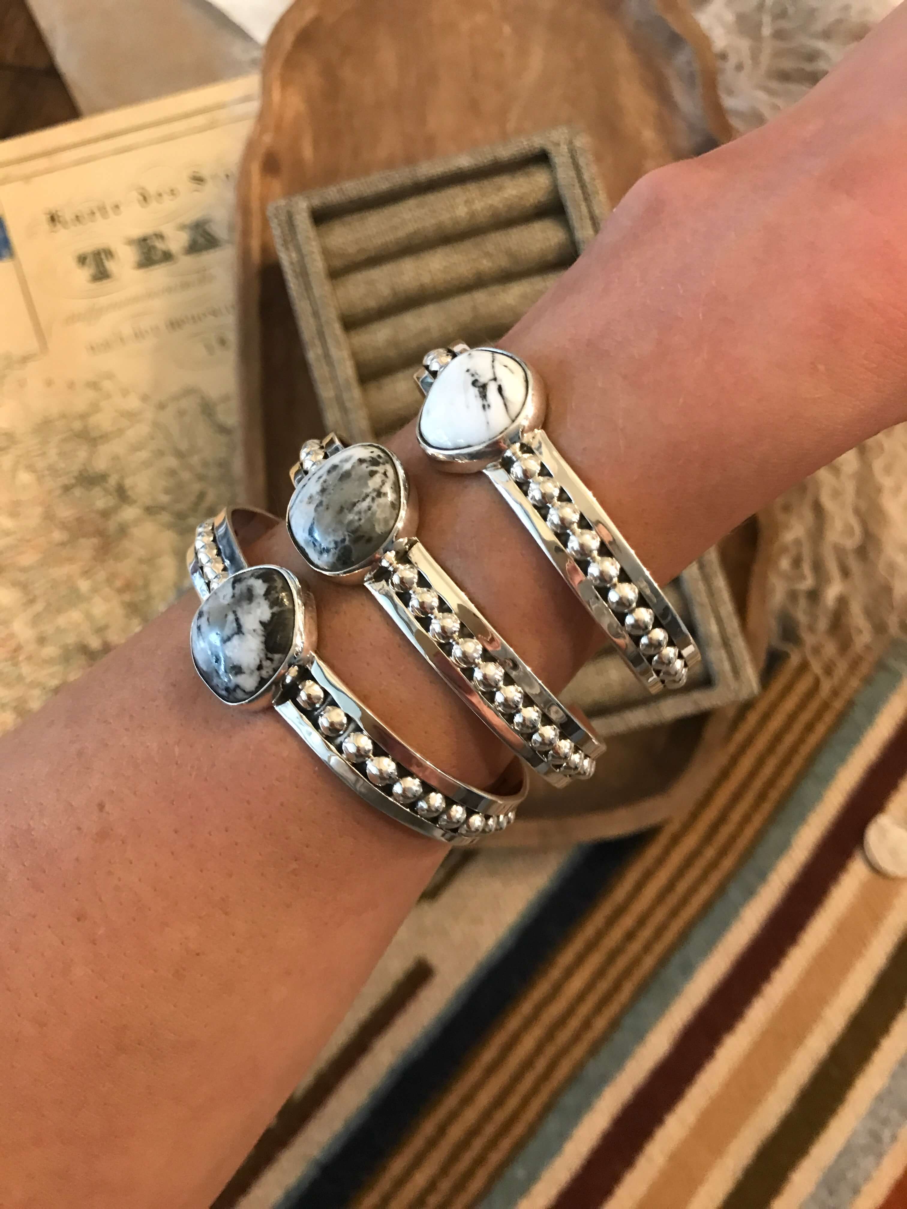 The Centralia White Buffalo Cuffs-Bracelets & Cuffs-Calli Co., Turquoise and Silver Jewelry, Native American Handmade, Zuni Tribe, Navajo Tribe, Brock Texas