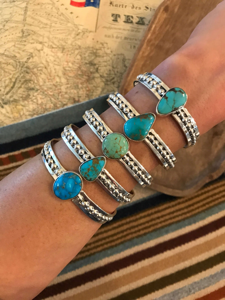 The Caribou Turquoise Cuffs-Bracelets & Cuffs-Calli Co., Turquoise and Silver Jewelry, Native American Handmade, Zuni Tribe, Navajo Tribe, Brock Texas