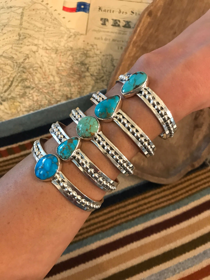The Caribou Turquoise Cuffs-Bracelets & Cuffs-Calli Co., Turquoise and Silver Jewelry, Native American Handmade, Zuni Tribe, Navajo Tribe, Brock Texas