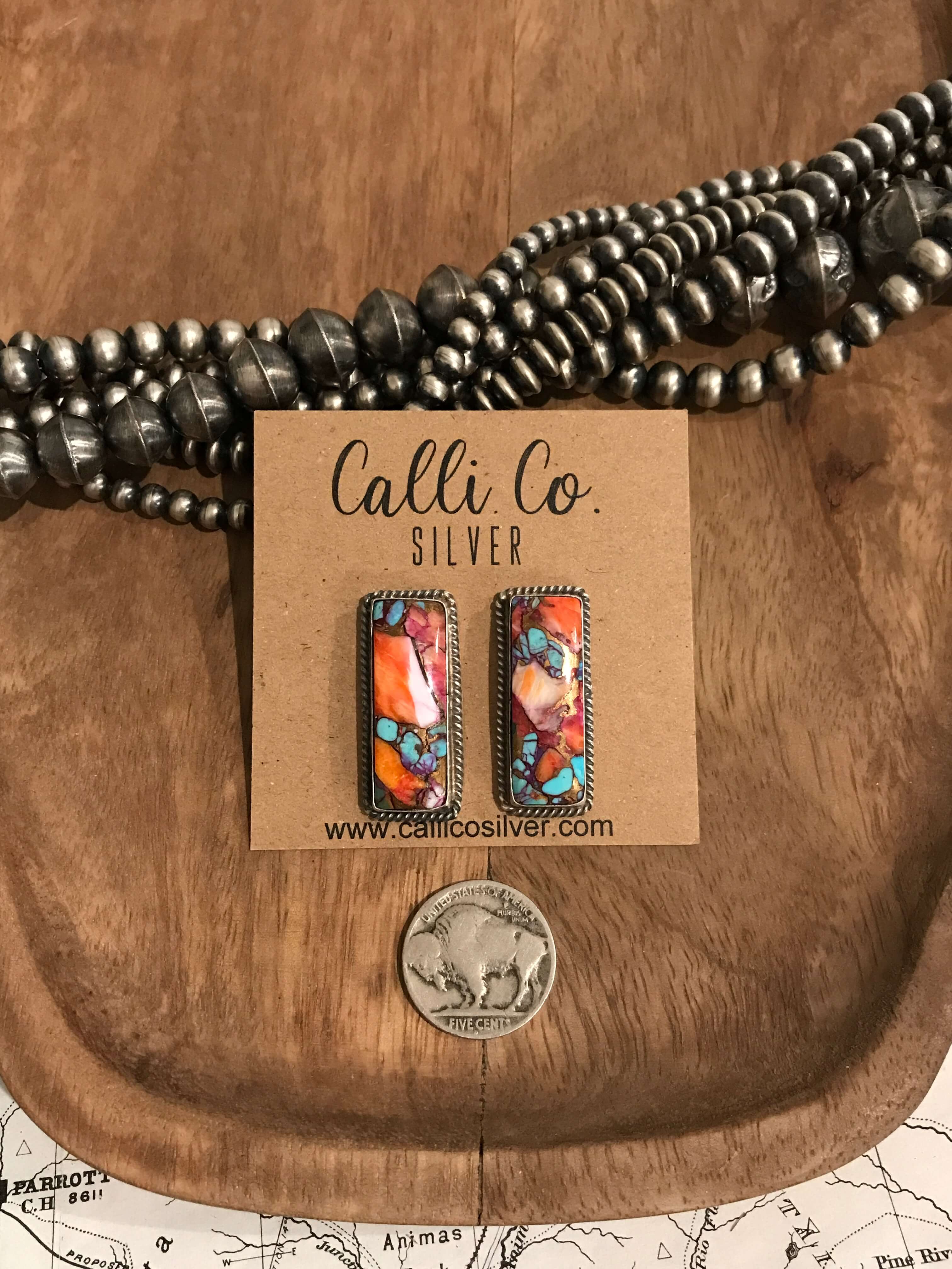 The Big Chief Dahlia Earrings, 4-Earrings-Calli Co., Turquoise and Silver Jewelry, Native American Handmade, Zuni Tribe, Navajo Tribe, Brock Texas