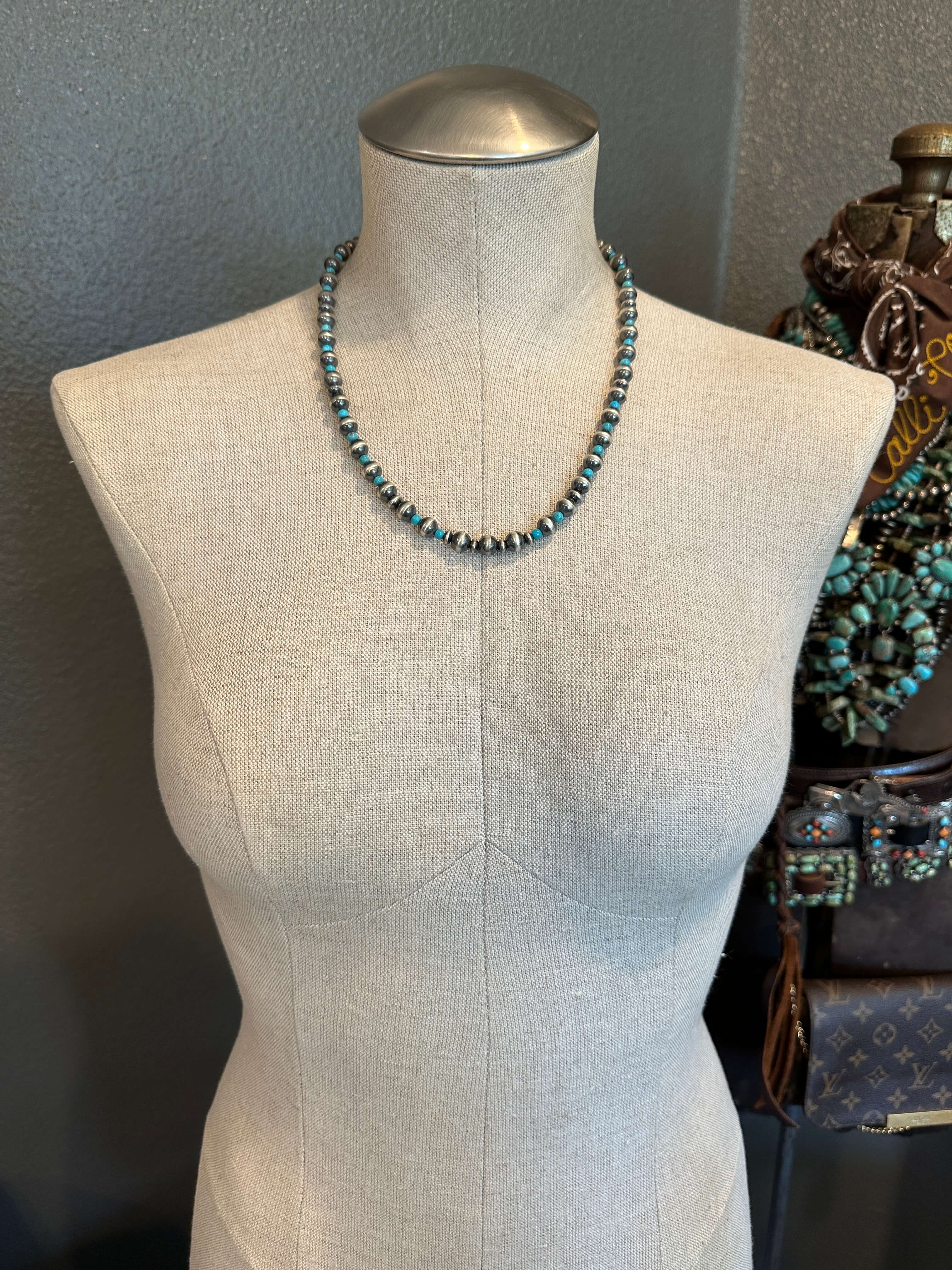 The Zara Turquoise Necklace, 20"-Necklaces-Calli Co., Turquoise and Silver Jewelry, Native American Handmade, Zuni Tribe, Navajo Tribe, Brock Texas