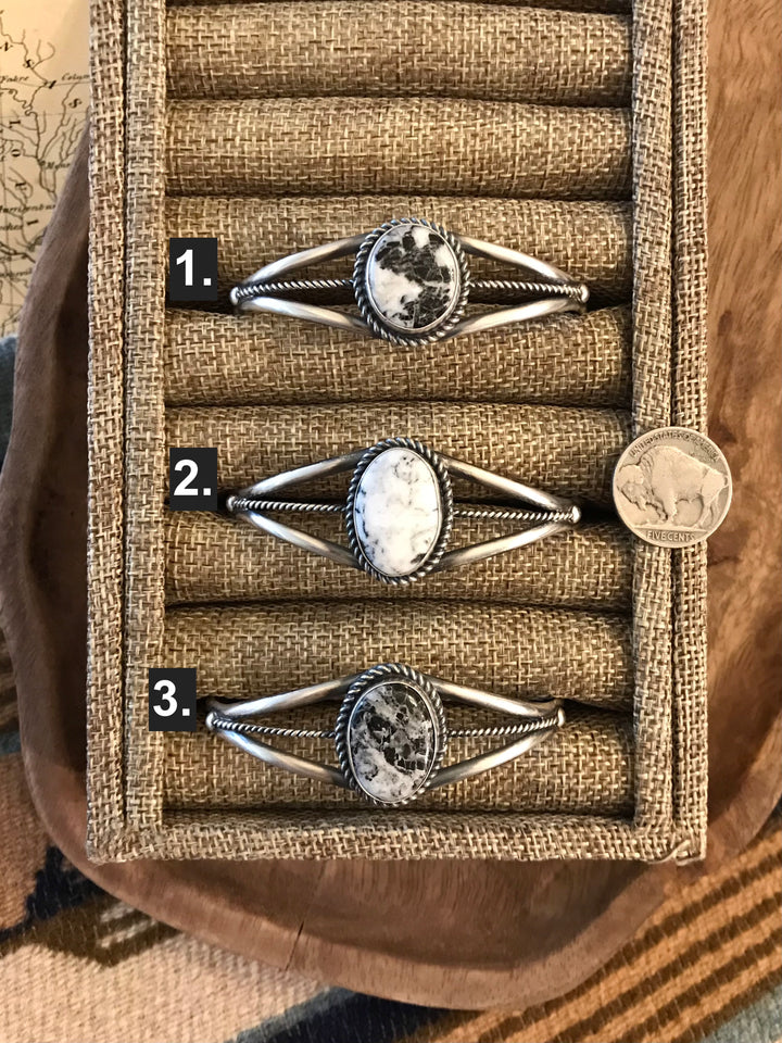 The Holland White Buffalo Cuffs-Bracelets & Cuffs-Calli Co., Turquoise and Silver Jewelry, Native American Handmade, Zuni Tribe, Navajo Tribe, Brock Texas