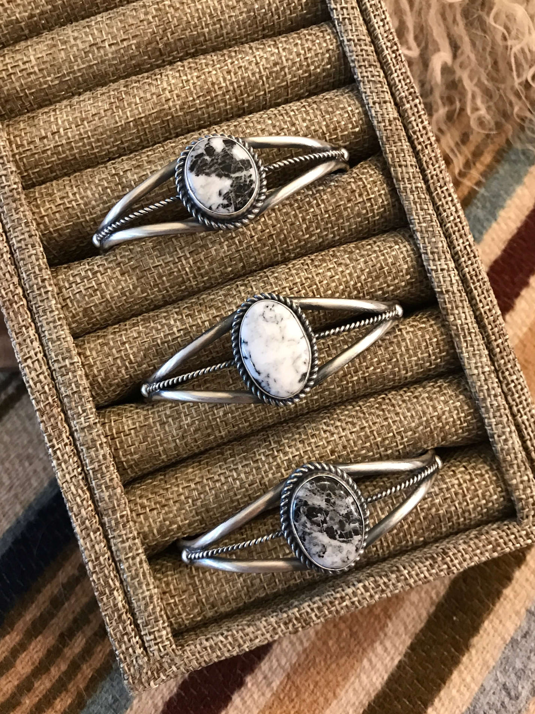 The Holland White Buffalo Cuffs-Bracelets & Cuffs-Calli Co., Turquoise and Silver Jewelry, Native American Handmade, Zuni Tribe, Navajo Tribe, Brock Texas