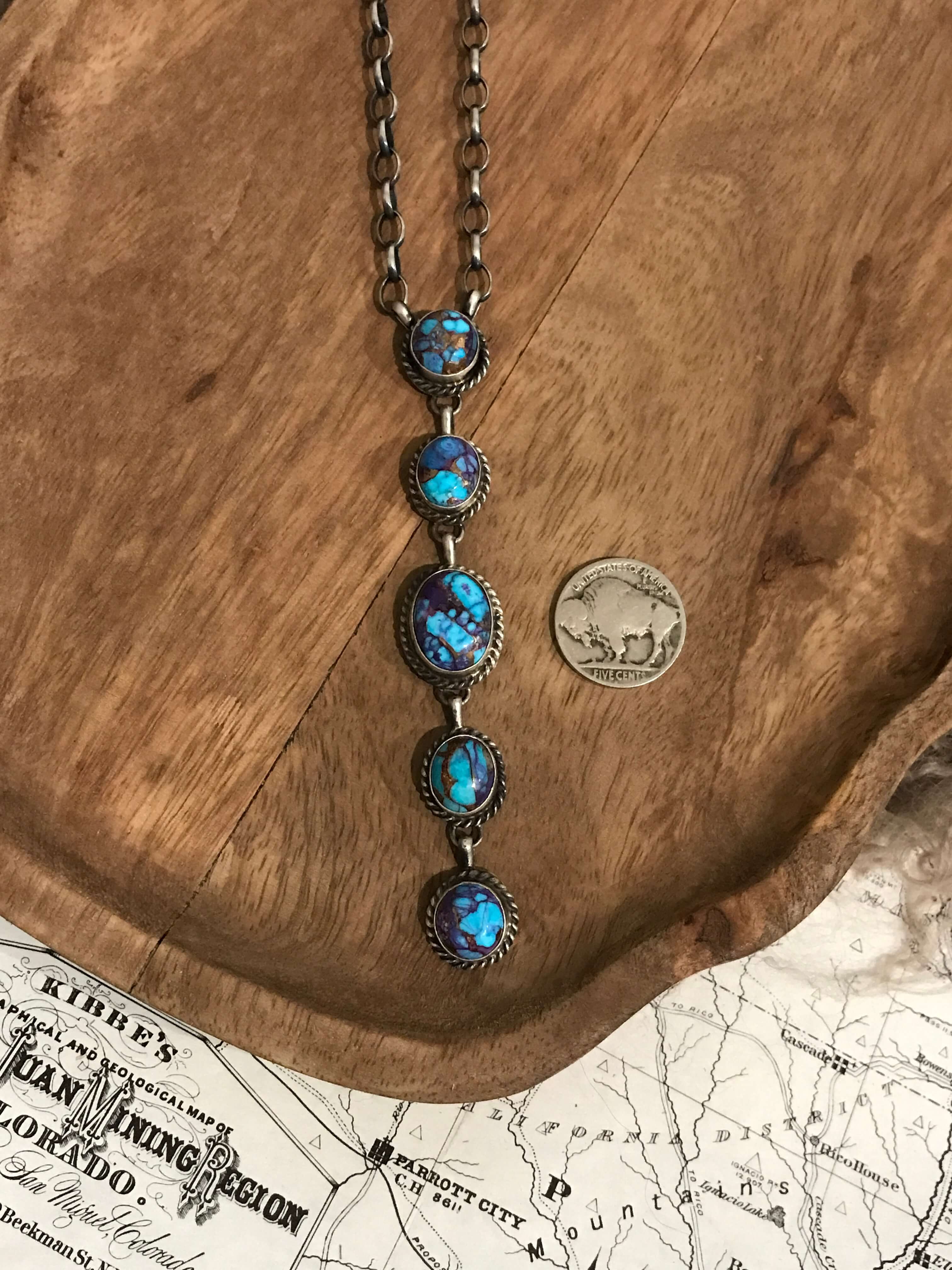 The Arroyo 5 Stone Lariat Necklace, 11-Necklaces-Calli Co., Turquoise and Silver Jewelry, Native American Handmade, Zuni Tribe, Navajo Tribe, Brock Texas