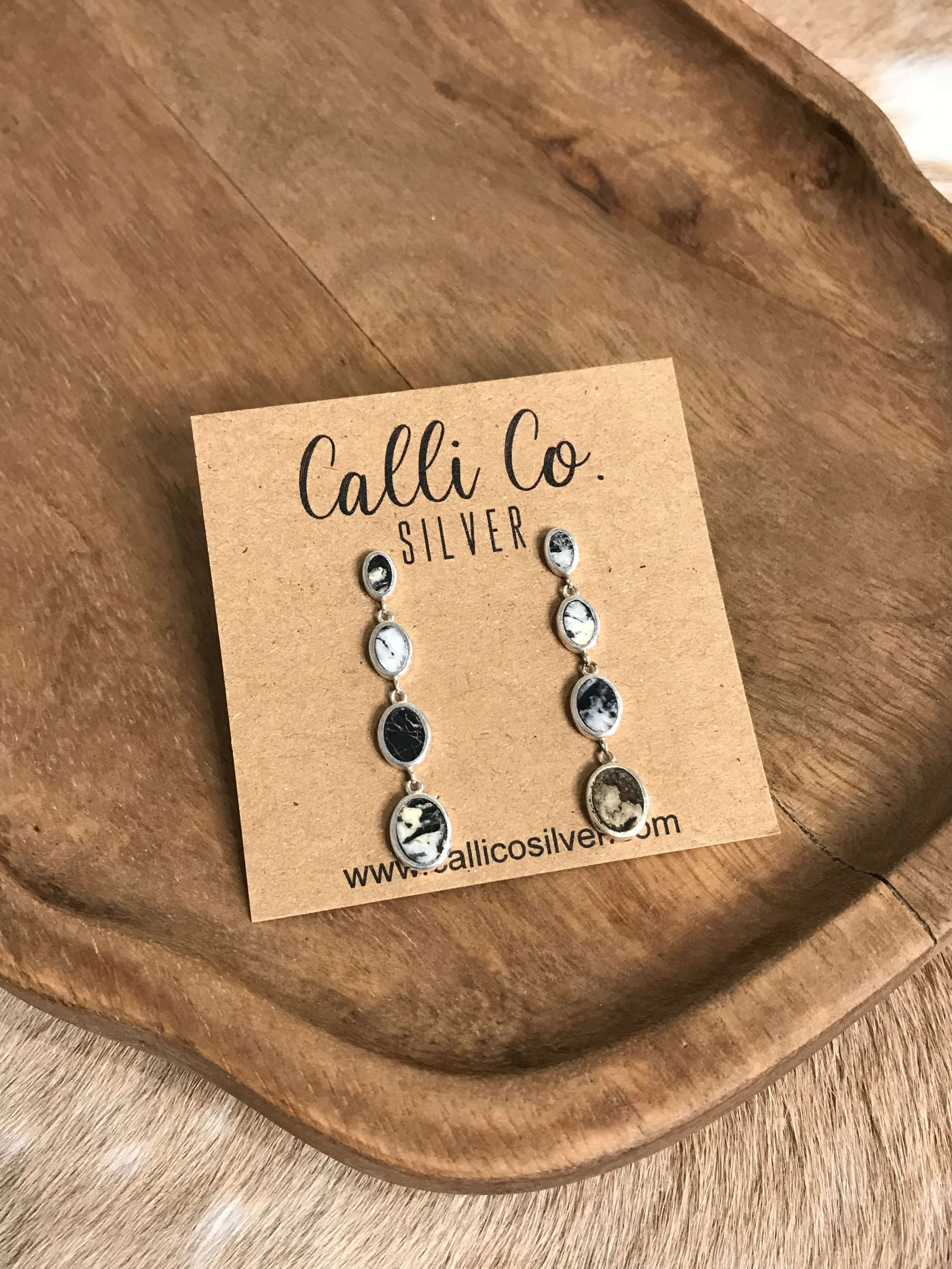 The Butler White Buffalo Inlay Dangles, 2-Earrings-Calli Co., Turquoise and Silver Jewelry, Native American Handmade, Zuni Tribe, Navajo Tribe, Brock Texas