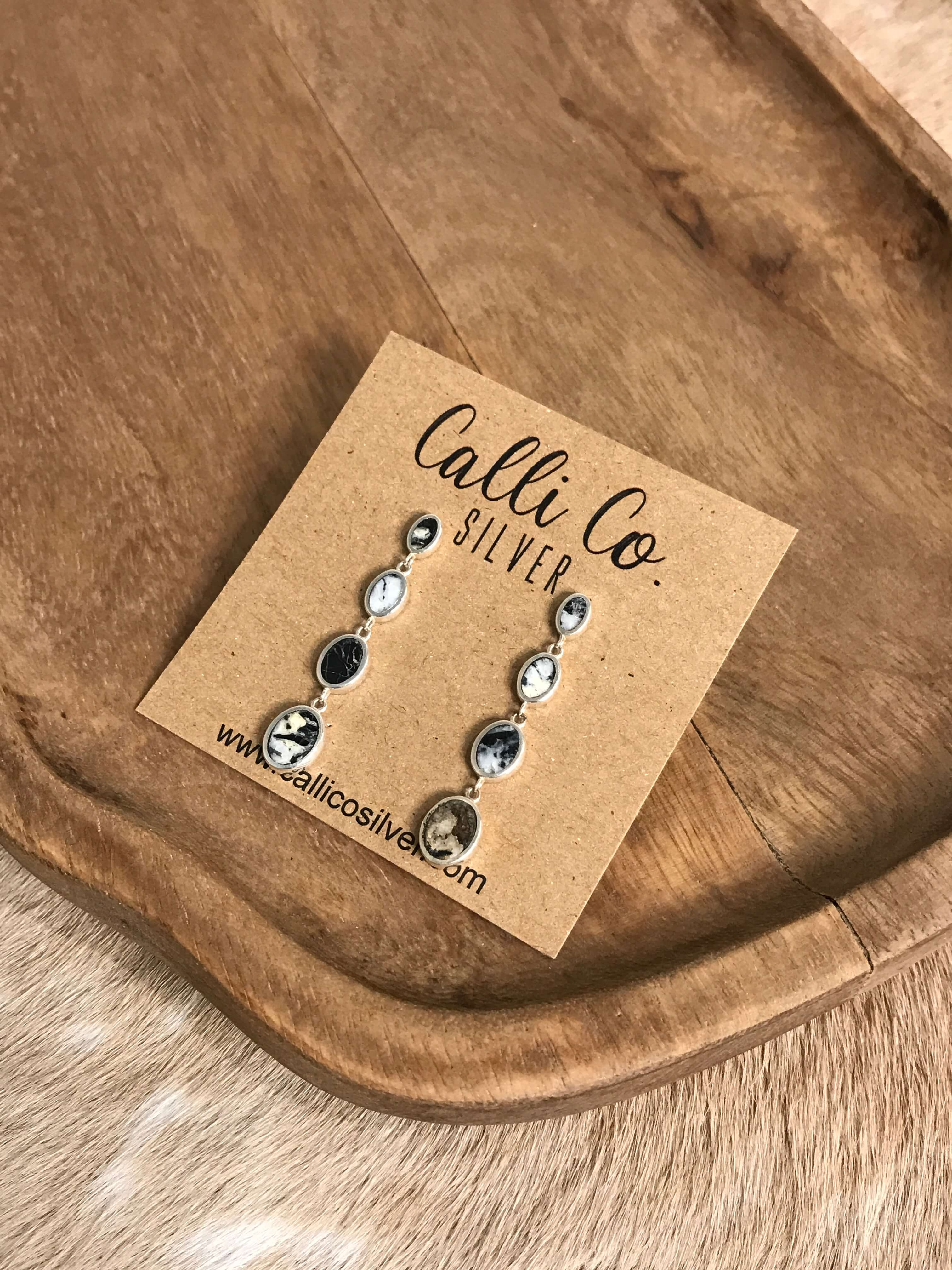 The Butler White Buffalo Inlay Dangles, 2-Earrings-Calli Co., Turquoise and Silver Jewelry, Native American Handmade, Zuni Tribe, Navajo Tribe, Brock Texas