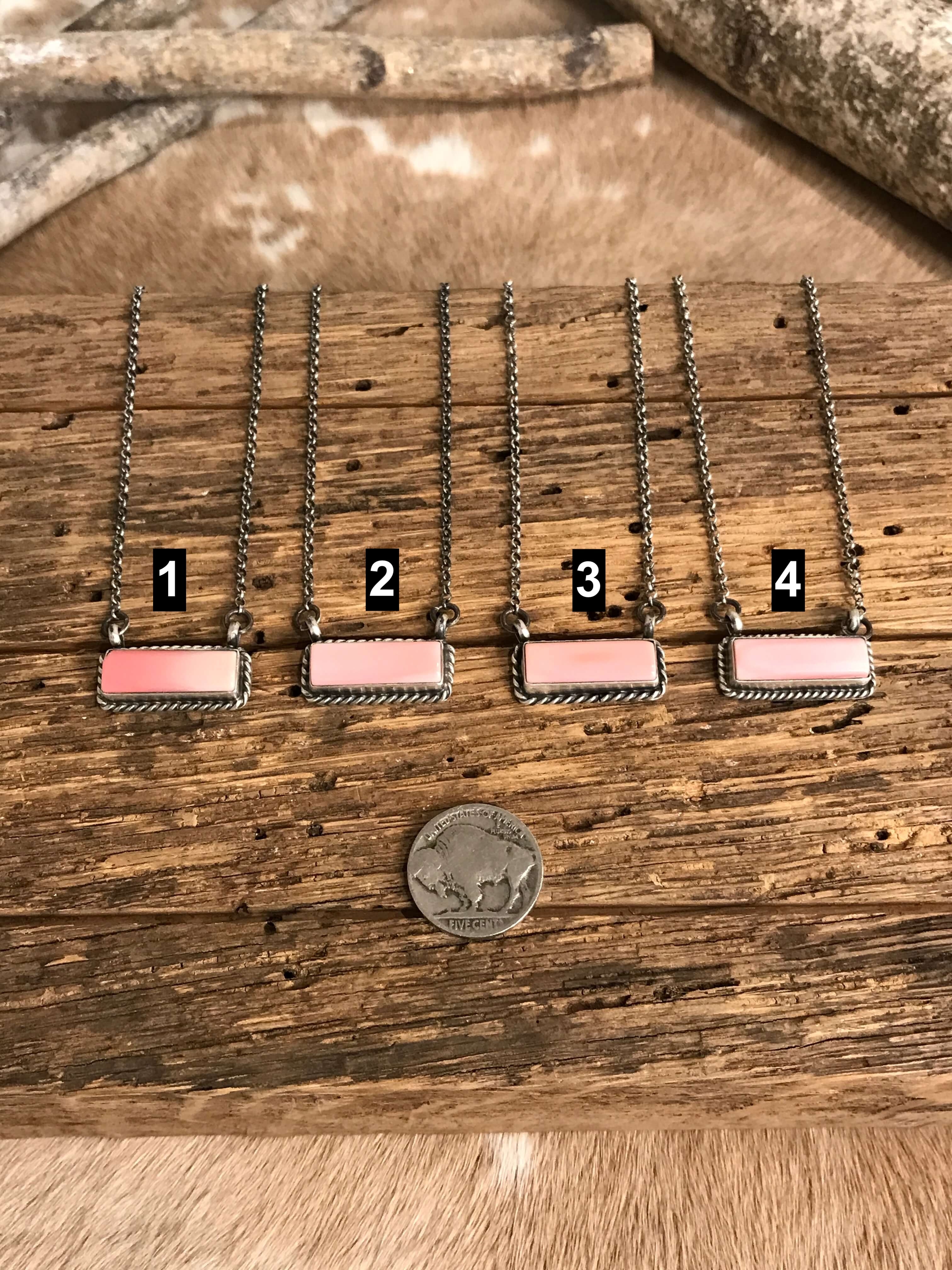 The Little Chief Pink Conch Bar Necklaces-Necklaces-Calli Co., Turquoise and Silver Jewelry, Native American Handmade, Zuni Tribe, Navajo Tribe, Brock Texas