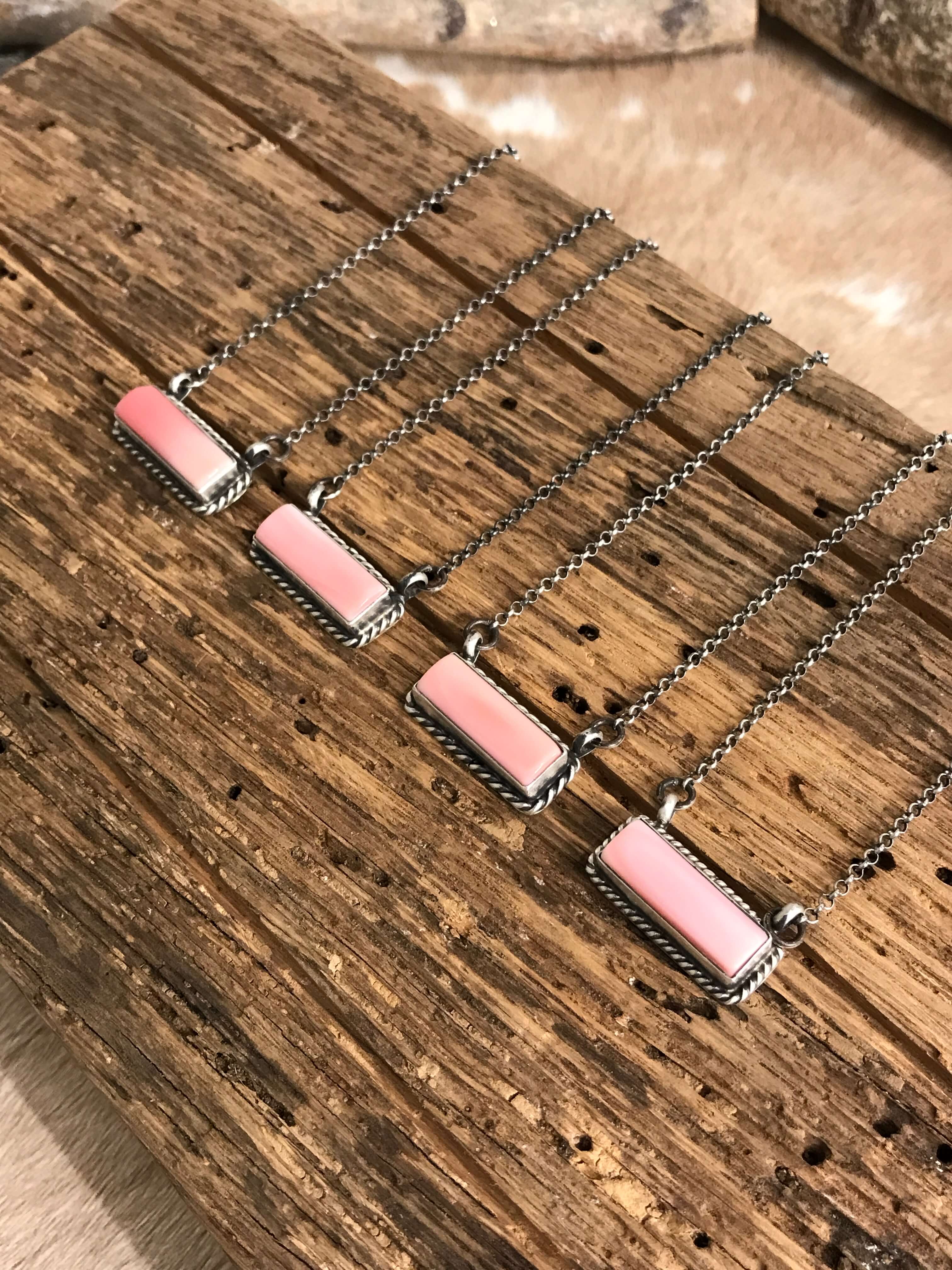The Little Chief Pink Conch Bar Necklaces-Necklaces-Calli Co., Turquoise and Silver Jewelry, Native American Handmade, Zuni Tribe, Navajo Tribe, Brock Texas