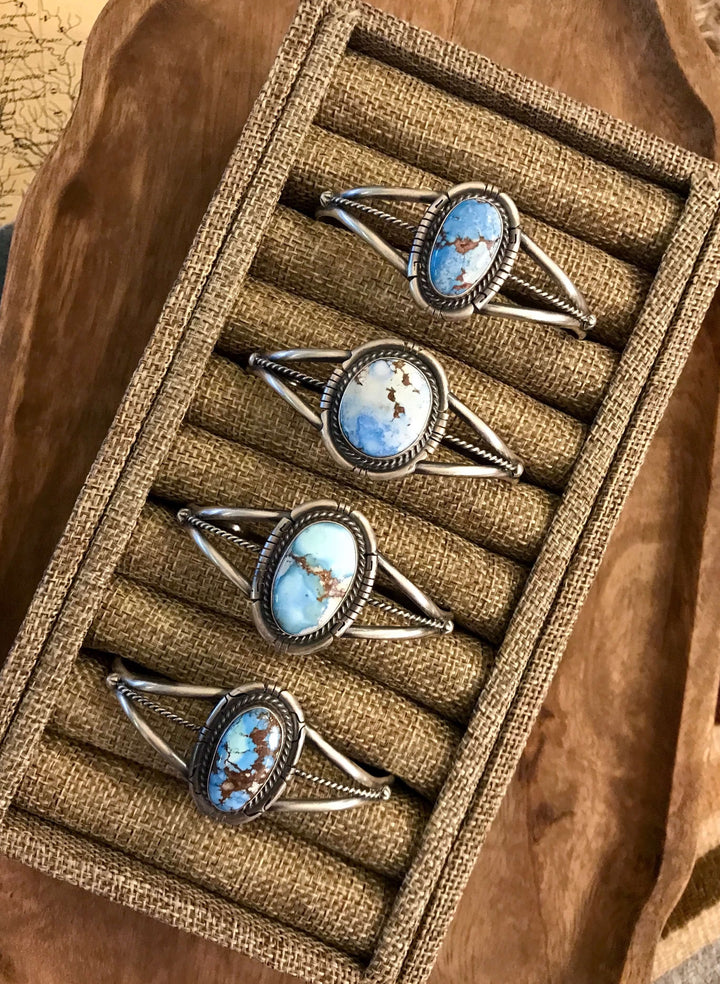 The Calvert Golden Hills Turquoise Cuffs-Bracelets & Cuffs-Calli Co., Turquoise and Silver Jewelry, Native American Handmade, Zuni Tribe, Navajo Tribe, Brock Texas