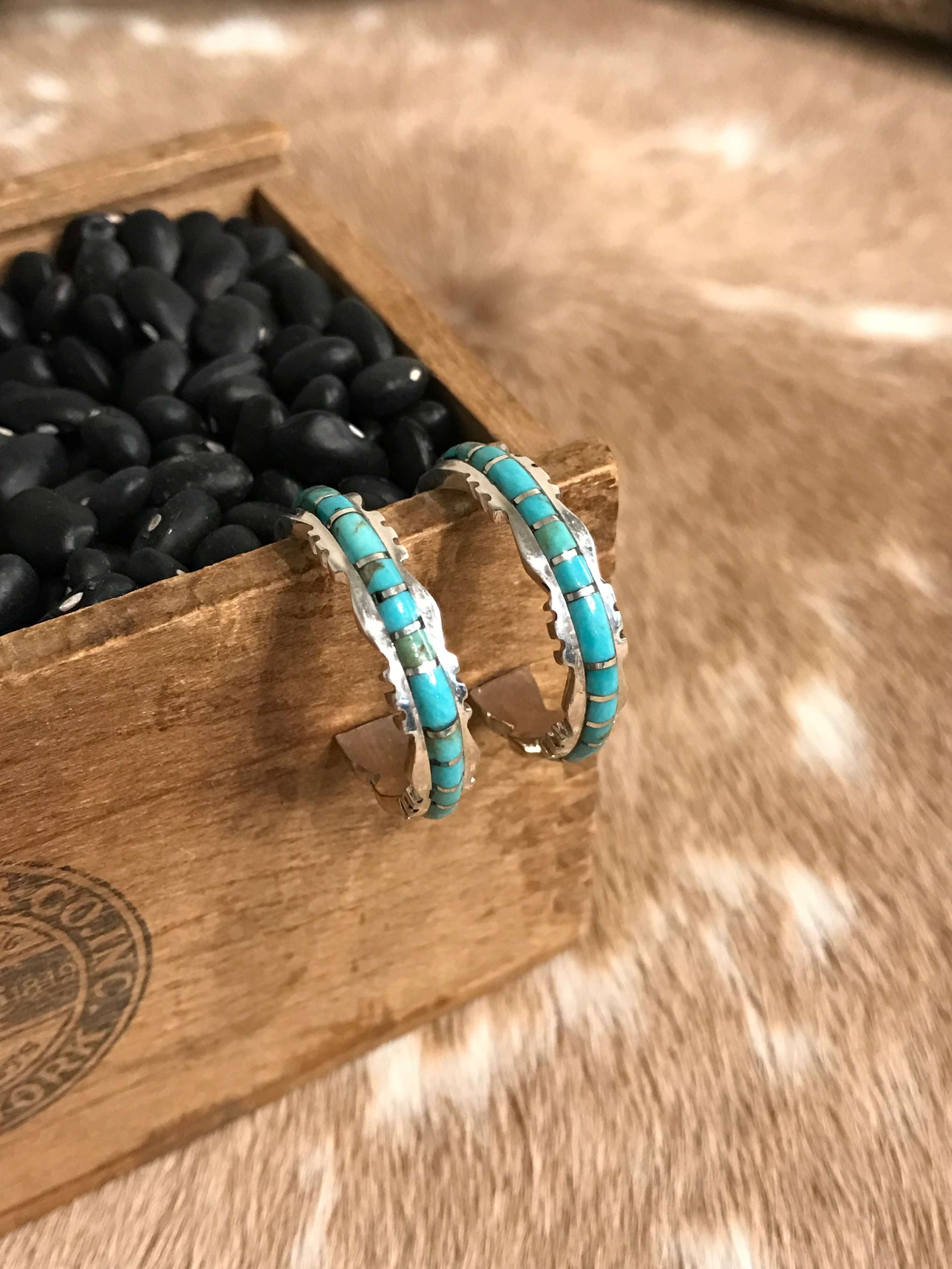 The Waurika Inlay Hoops, 1-Earrings-Calli Co., Turquoise and Silver Jewelry, Native American Handmade, Zuni Tribe, Navajo Tribe, Brock Texas