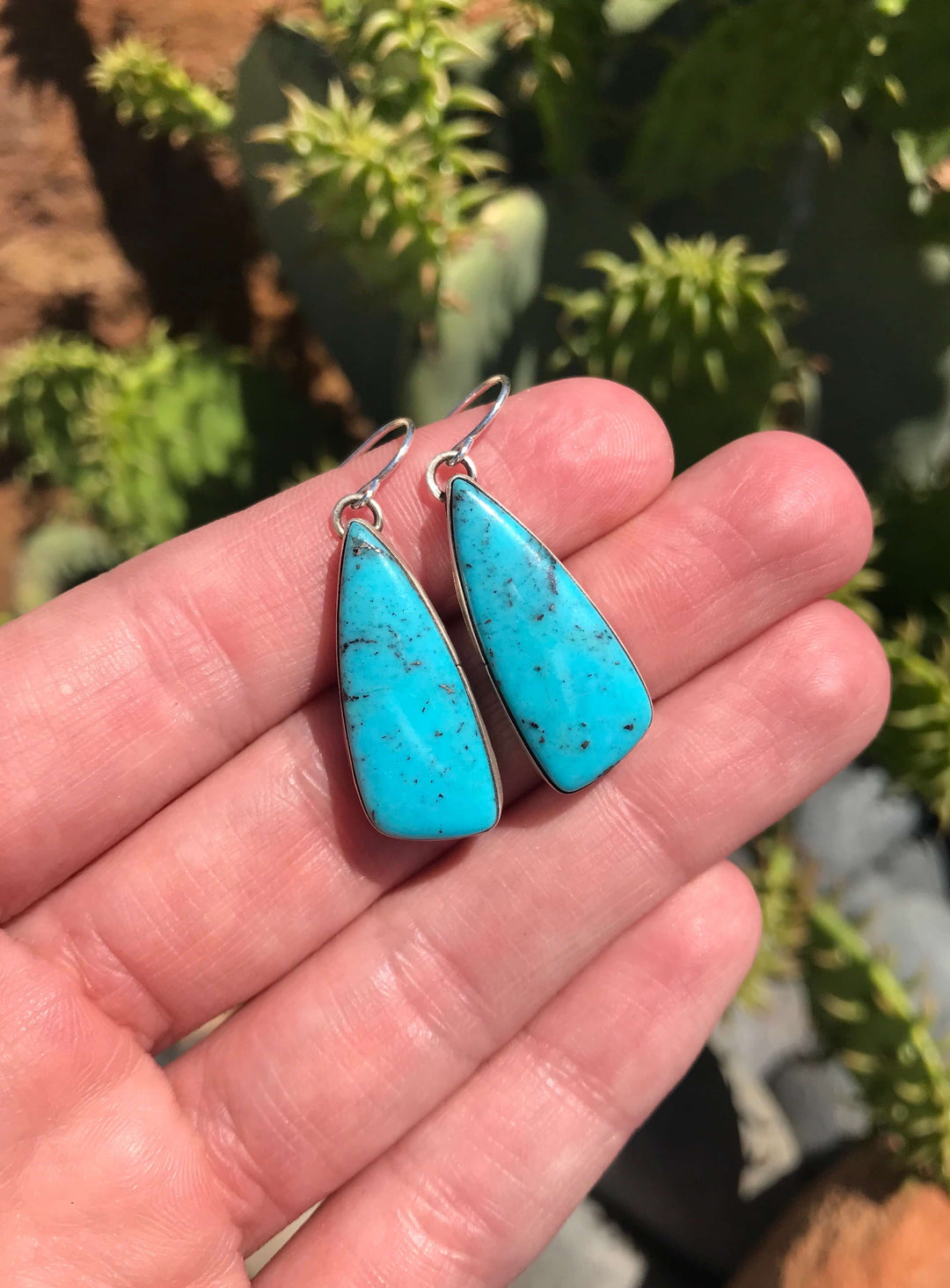 The Turquoise Dangle Earrings, 1-Earrings-Calli Co., Turquoise and Silver Jewelry, Native American Handmade, Zuni Tribe, Navajo Tribe, Brock Texas