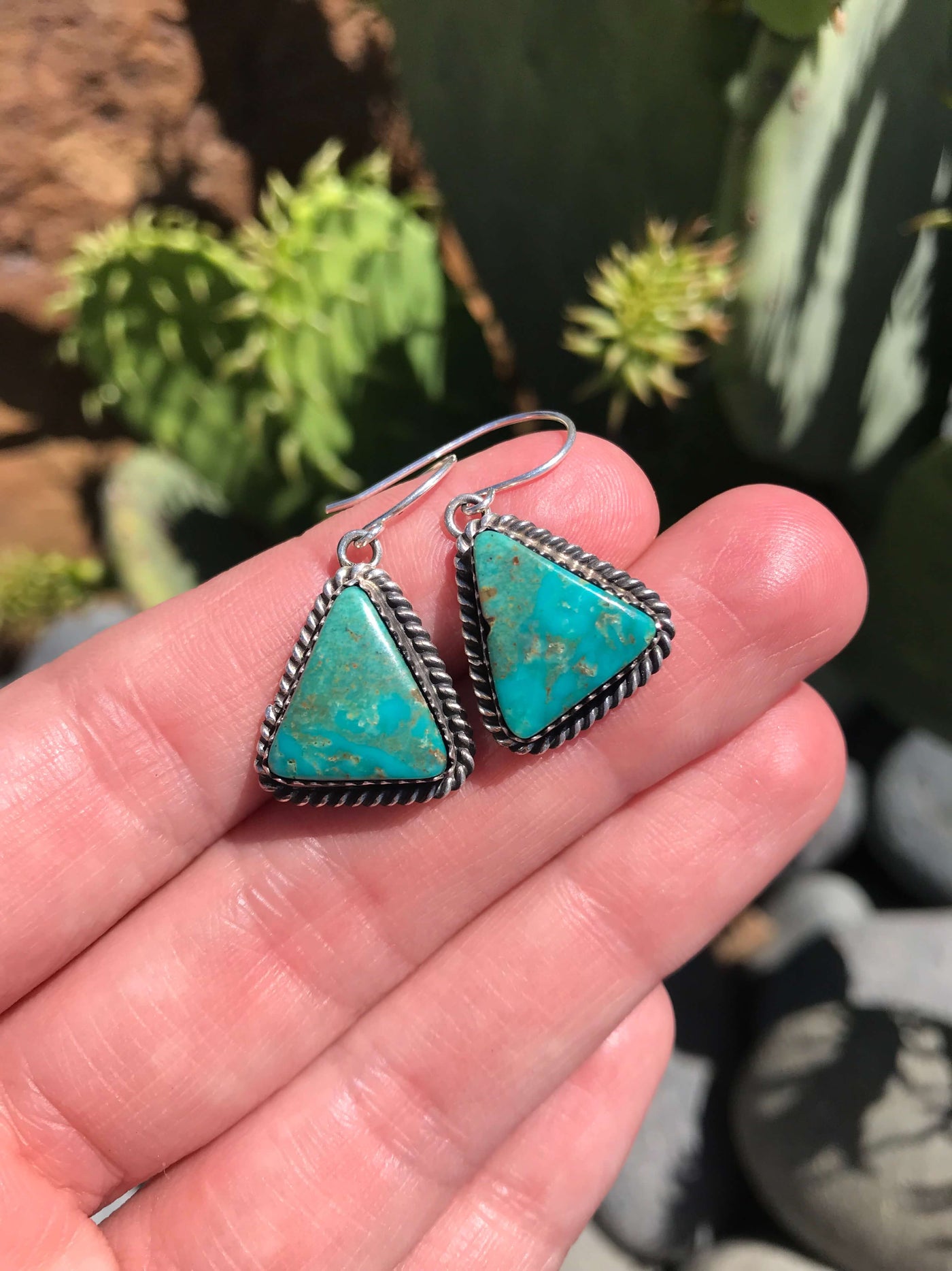 The Turquoise Dangle Earrings, 16-Earrings-Calli Co., Turquoise and Silver Jewelry, Native American Handmade, Zuni Tribe, Navajo Tribe, Brock Texas