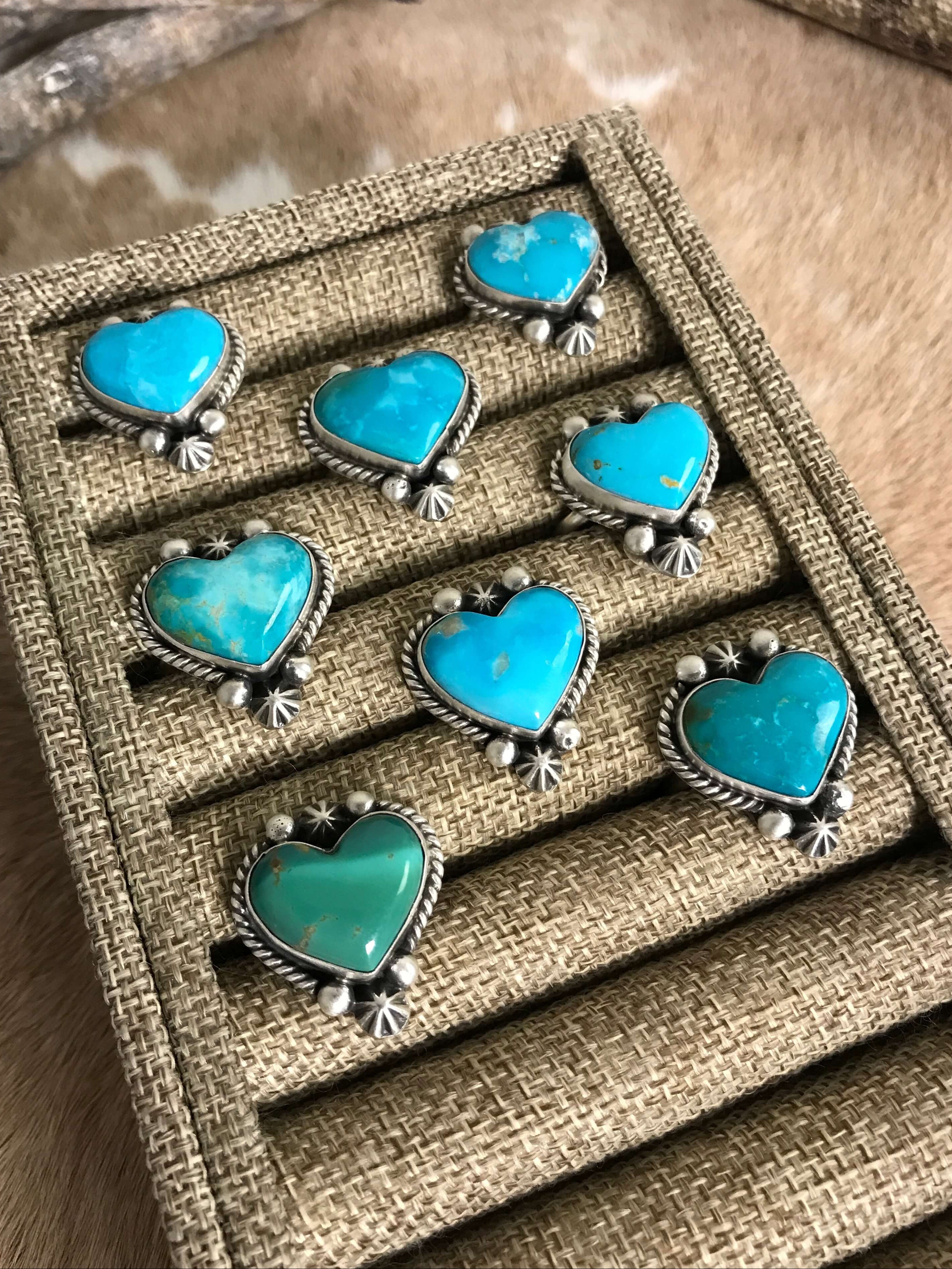 The Collee Adjustable Heart Rings-Rings-Calli Co., Turquoise and Silver Jewelry, Native American Handmade, Zuni Tribe, Navajo Tribe, Brock Texas