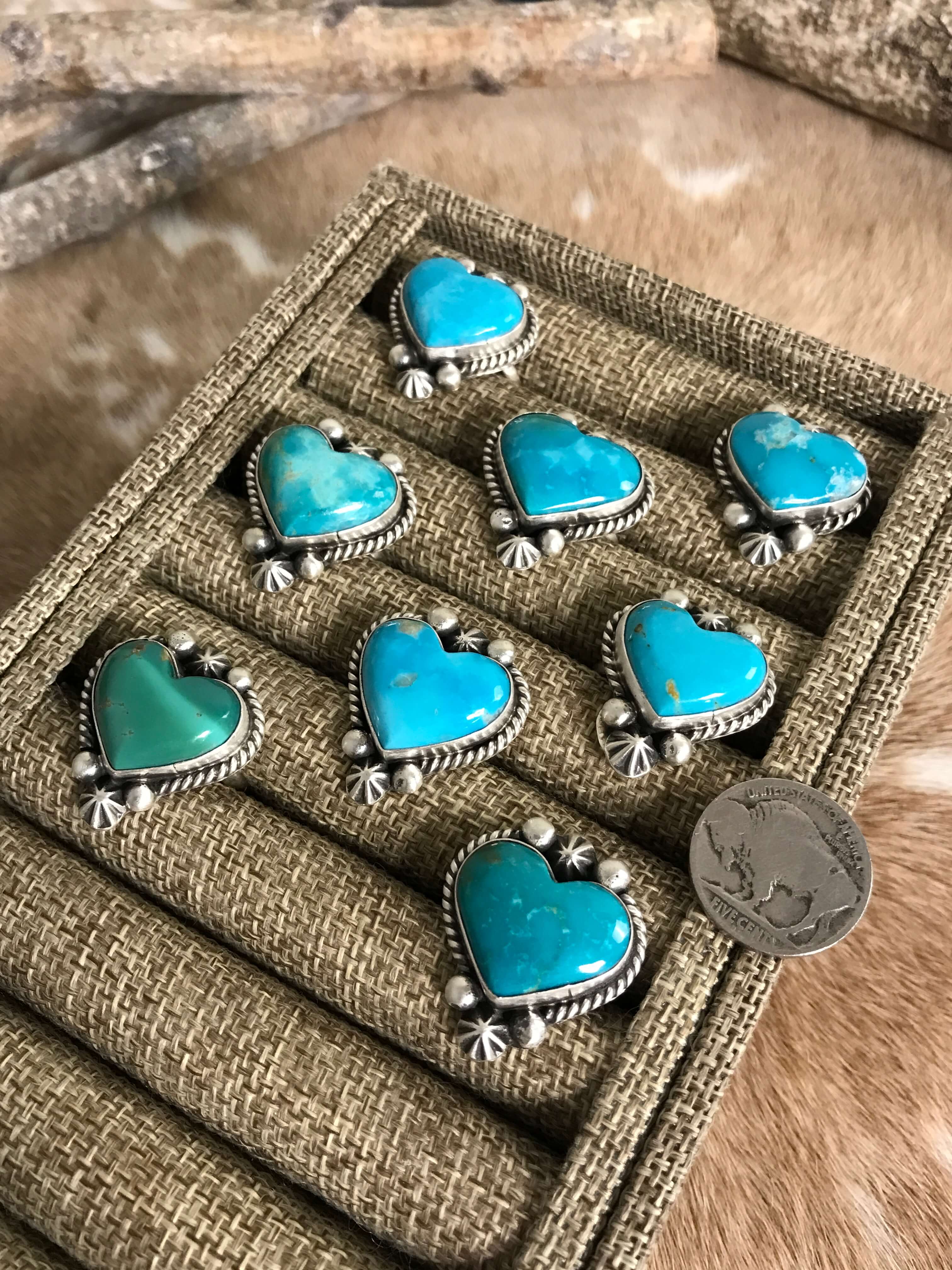 The Collee Adjustable Heart Rings-Rings-Calli Co., Turquoise and Silver Jewelry, Native American Handmade, Zuni Tribe, Navajo Tribe, Brock Texas