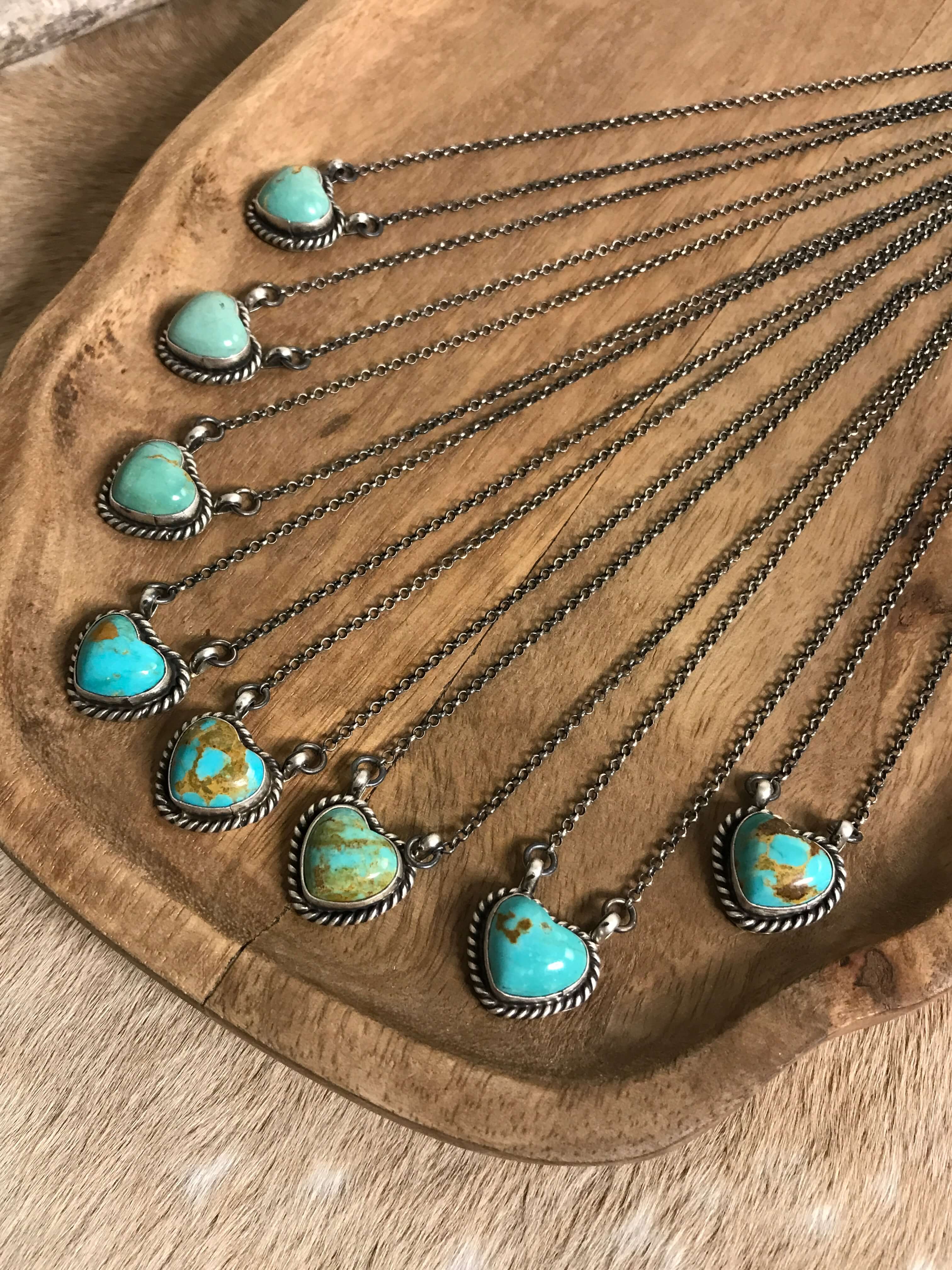 The Colona Turquoise Heart Necklaces-Necklaces-Calli Co., Turquoise and Silver Jewelry, Native American Handmade, Zuni Tribe, Navajo Tribe, Brock Texas