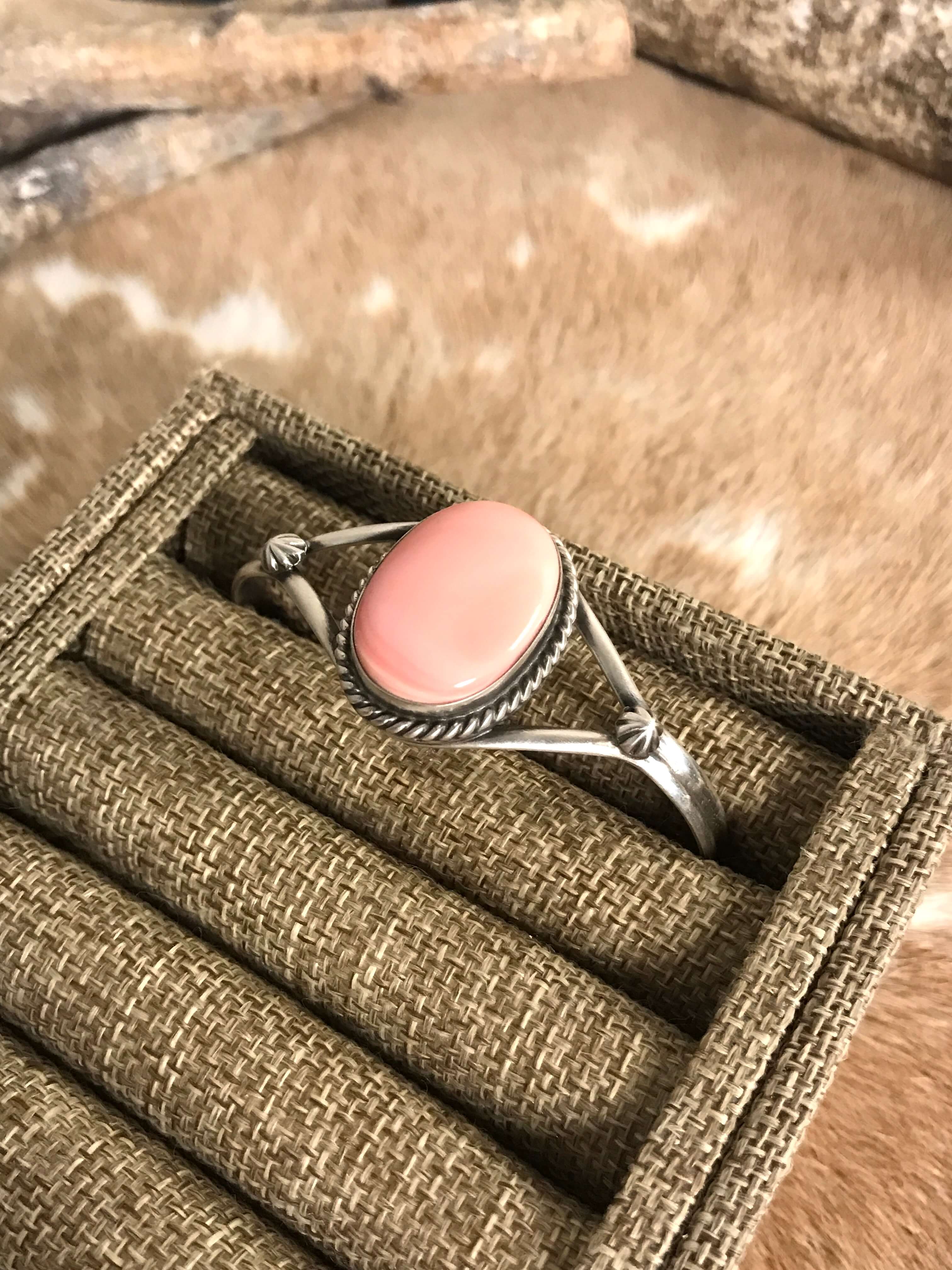 The Crest Pink Conch Cuff, 1-Bracelets & Cuffs-Calli Co., Turquoise and Silver Jewelry, Native American Handmade, Zuni Tribe, Navajo Tribe, Brock Texas