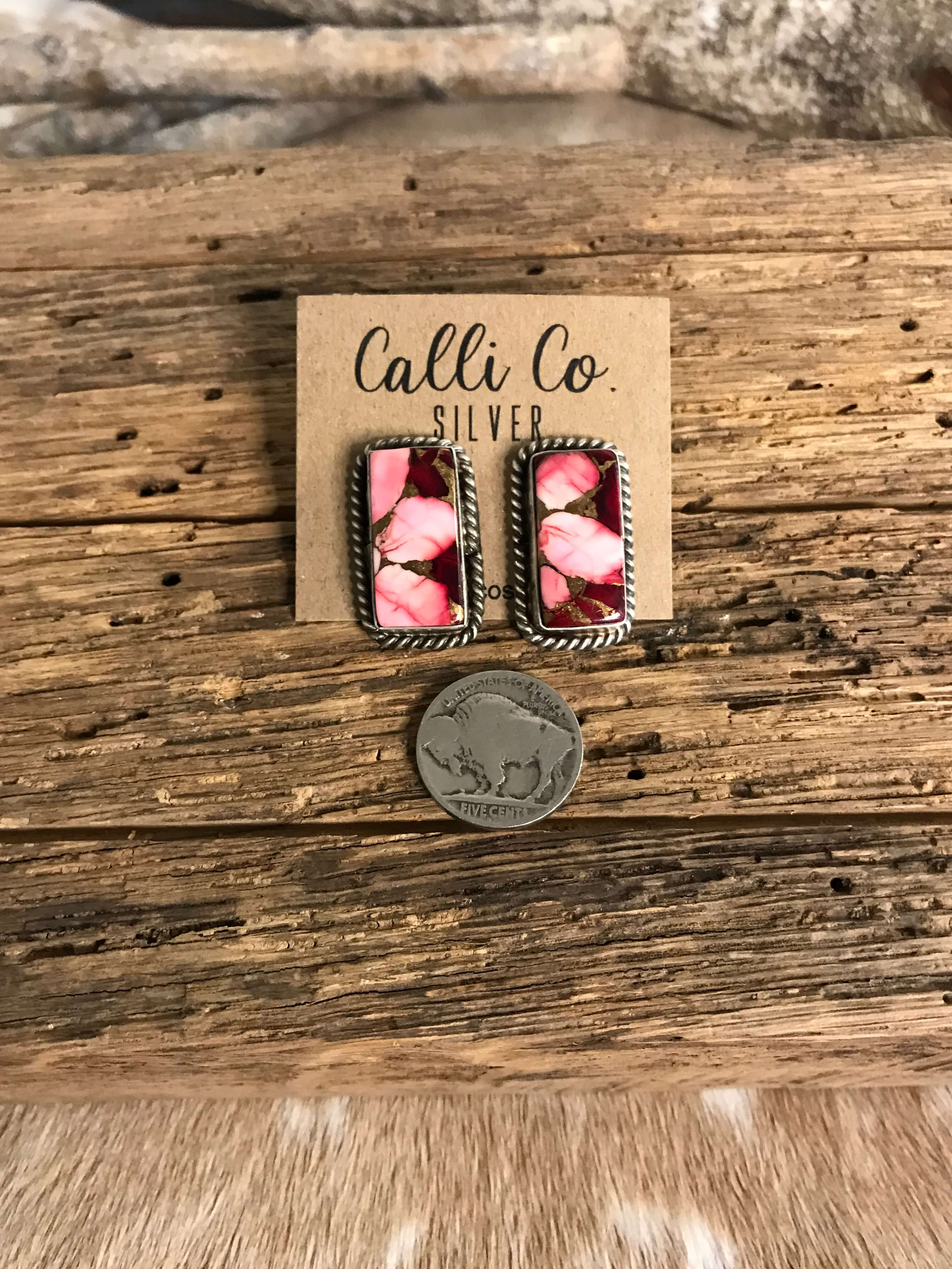 The Reid Dahlia Rose Earrings, 1-Earrings-Calli Co., Turquoise and Silver Jewelry, Native American Handmade, Zuni Tribe, Navajo Tribe, Brock Texas