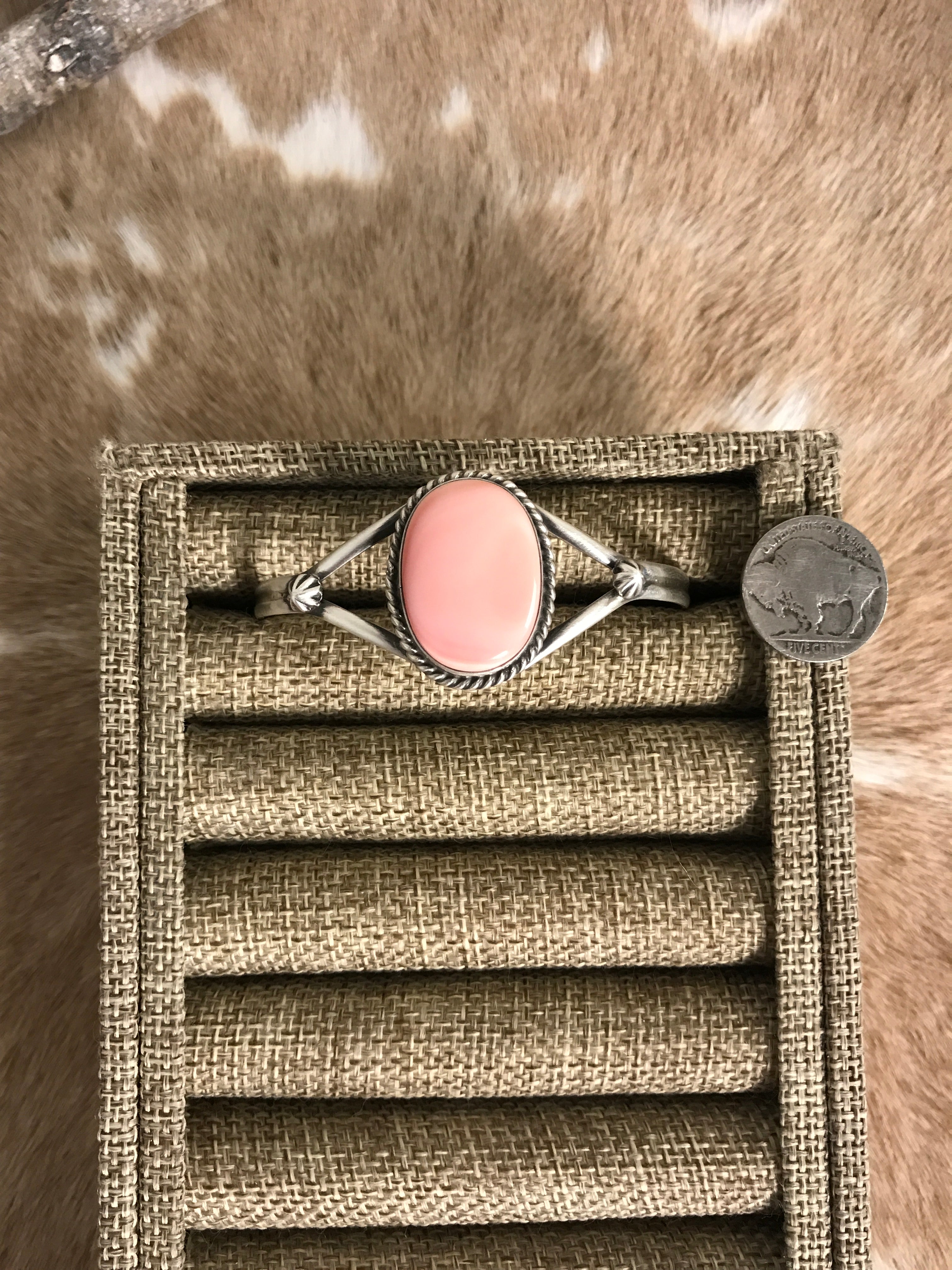 The Crest Pink Conch Cuff, 1-Bracelets & Cuffs-Calli Co., Turquoise and Silver Jewelry, Native American Handmade, Zuni Tribe, Navajo Tribe, Brock Texas