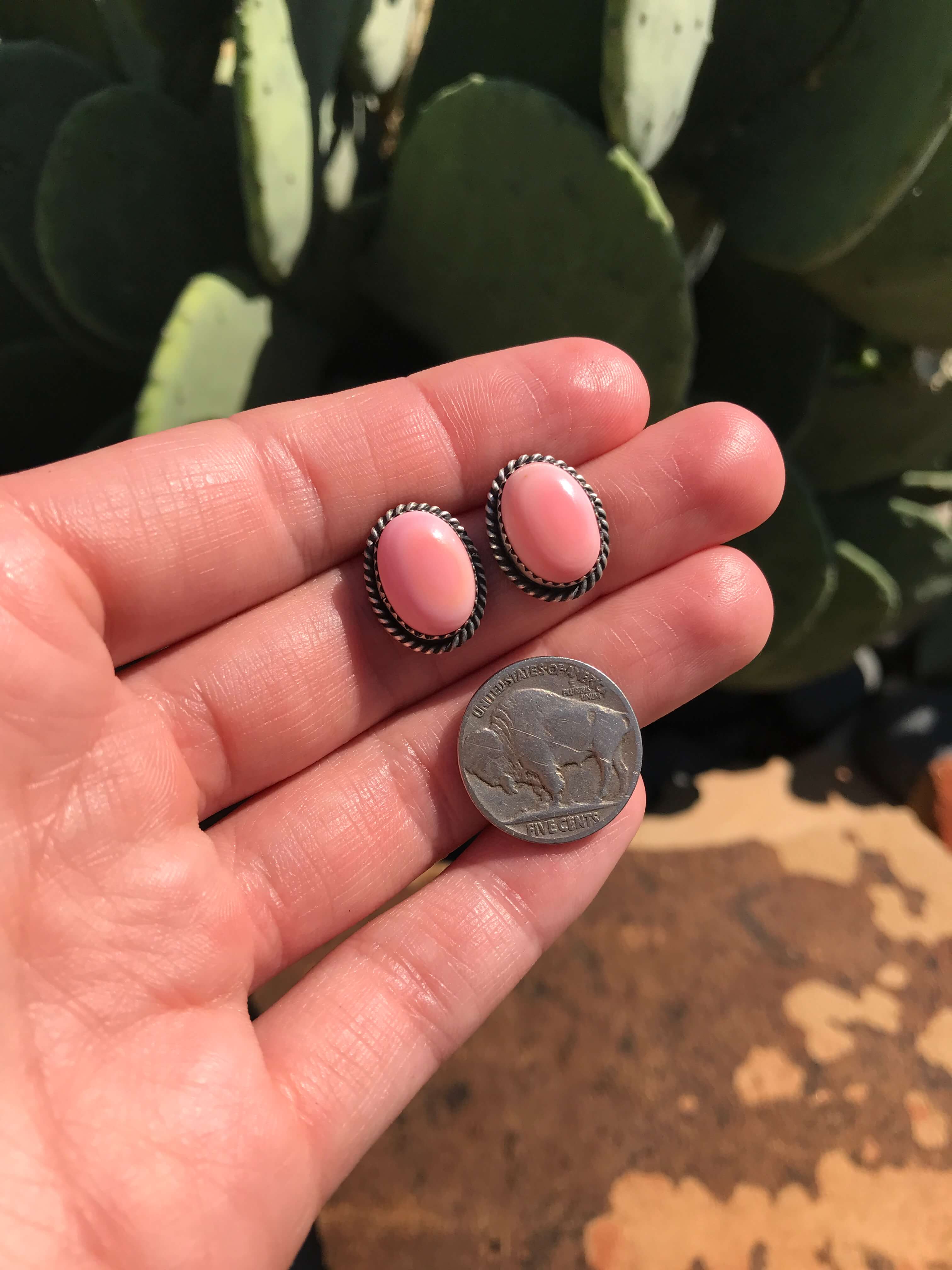 The Pink Conch Studs, 2-Earrings-Calli Co., Turquoise and Silver Jewelry, Native American Handmade, Zuni Tribe, Navajo Tribe, Brock Texas