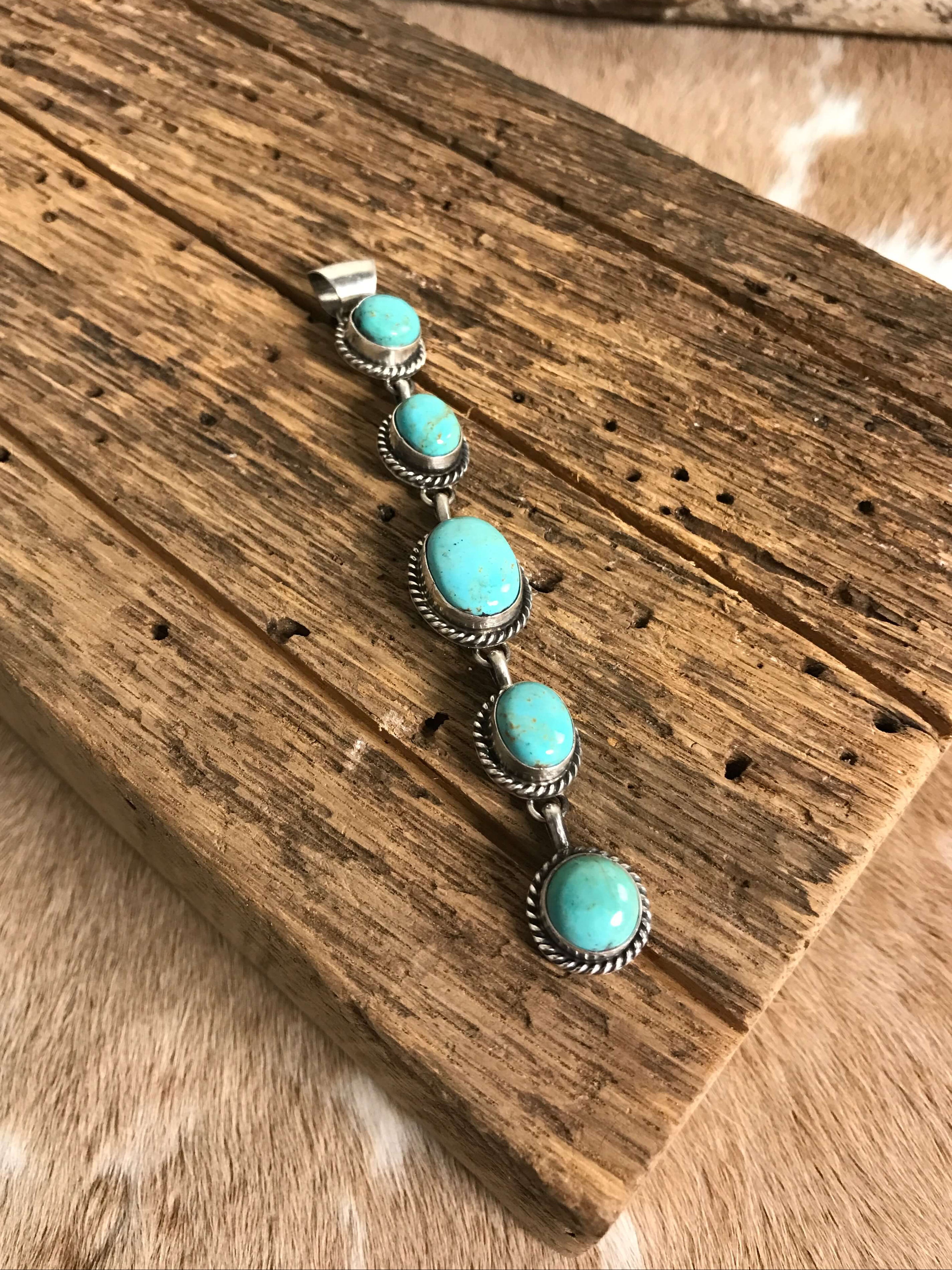 The Durango 5 Stone Lariat Pendant, 1-Necklaces-Calli Co., Turquoise and Silver Jewelry, Native American Handmade, Zuni Tribe, Navajo Tribe, Brock Texas