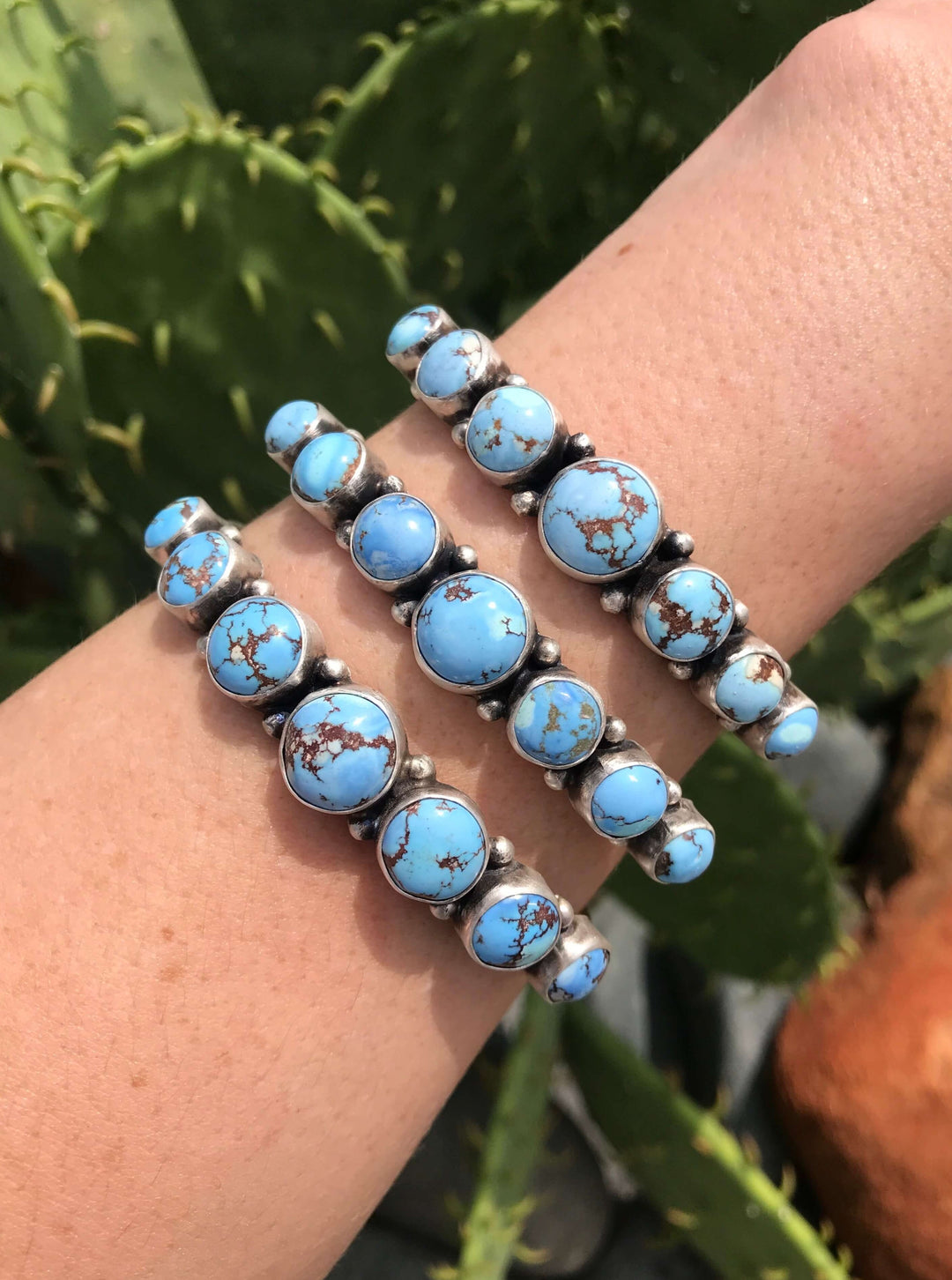 The Golden Hills Row Cuffs-Bracelets & Cuffs-Calli Co., Turquoise and Silver Jewelry, Native American Handmade, Zuni Tribe, Navajo Tribe, Brock Texas