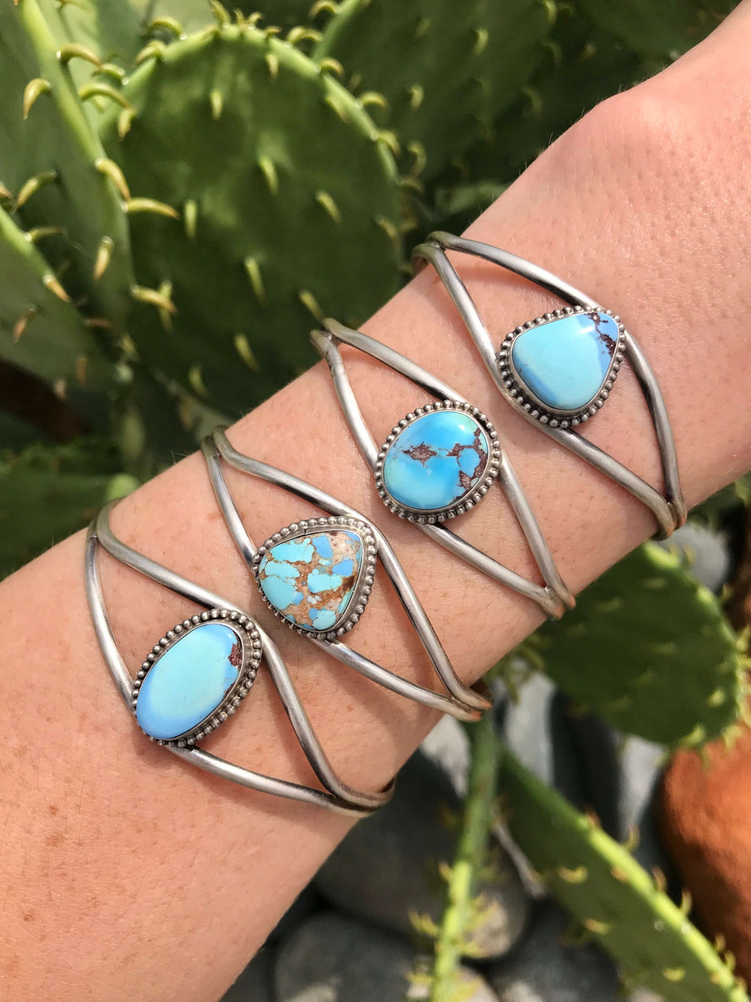 The Larkspur Golden Hills Cuffs-Bracelets & Cuffs-Calli Co., Turquoise and Silver Jewelry, Native American Handmade, Zuni Tribe, Navajo Tribe, Brock Texas