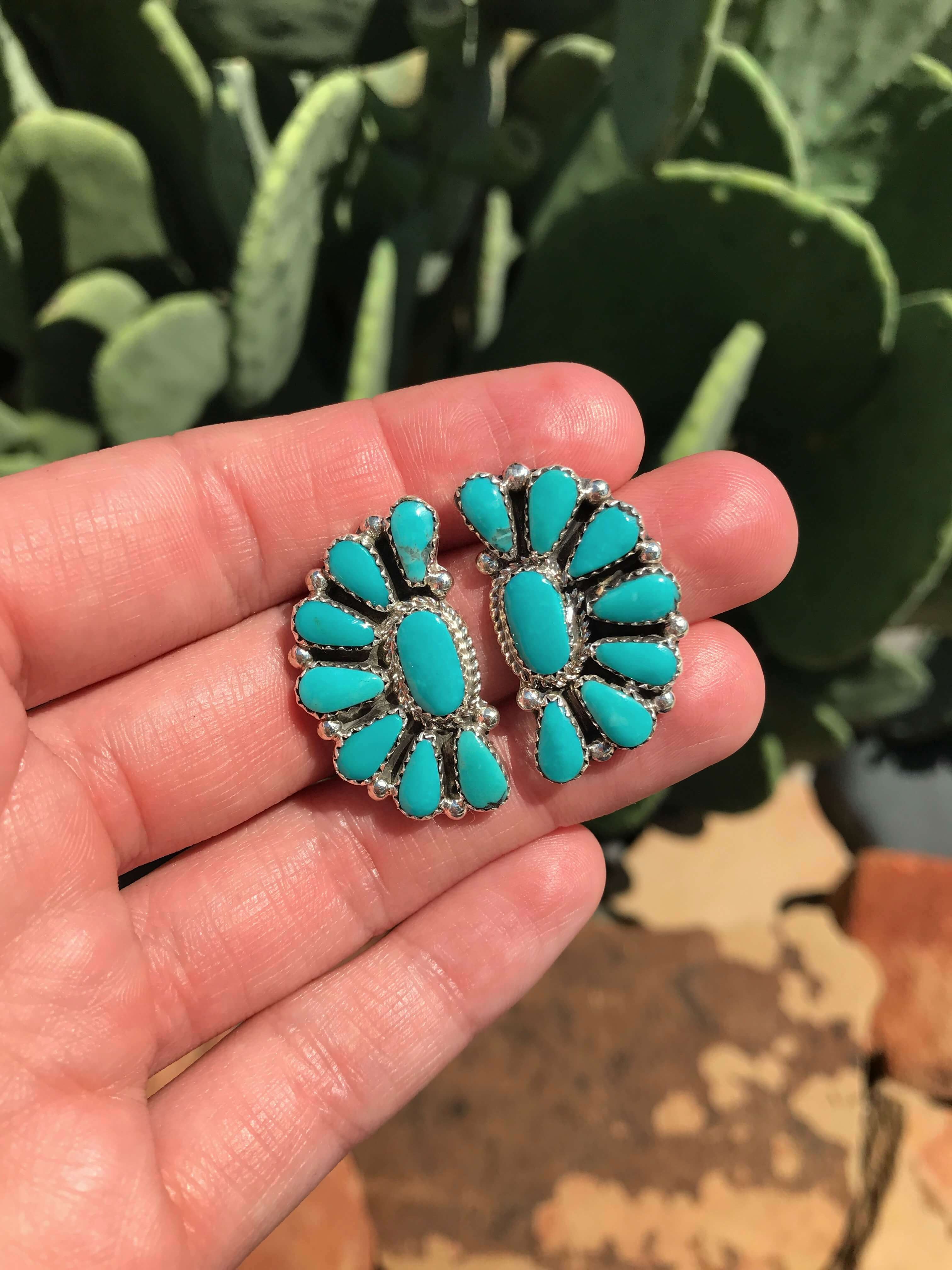 The Woodson Turquoise Cluster Earrings, 3-Earrings-Calli Co., Turquoise and Silver Jewelry, Native American Handmade, Zuni Tribe, Navajo Tribe, Brock Texas