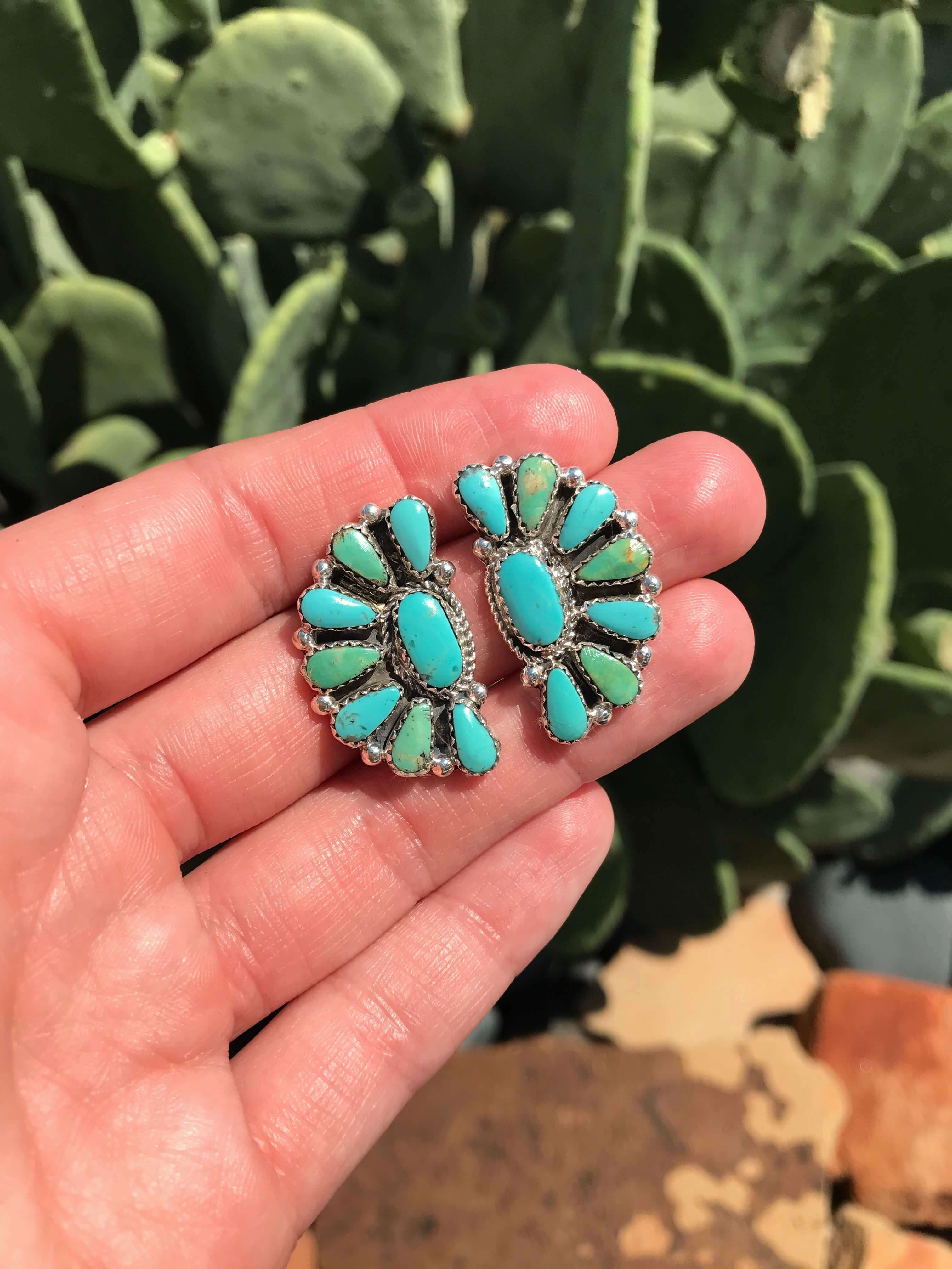 The Woodson Turquoise Cluster Earrings, 4-Earrings-Calli Co., Turquoise and Silver Jewelry, Native American Handmade, Zuni Tribe, Navajo Tribe, Brock Texas