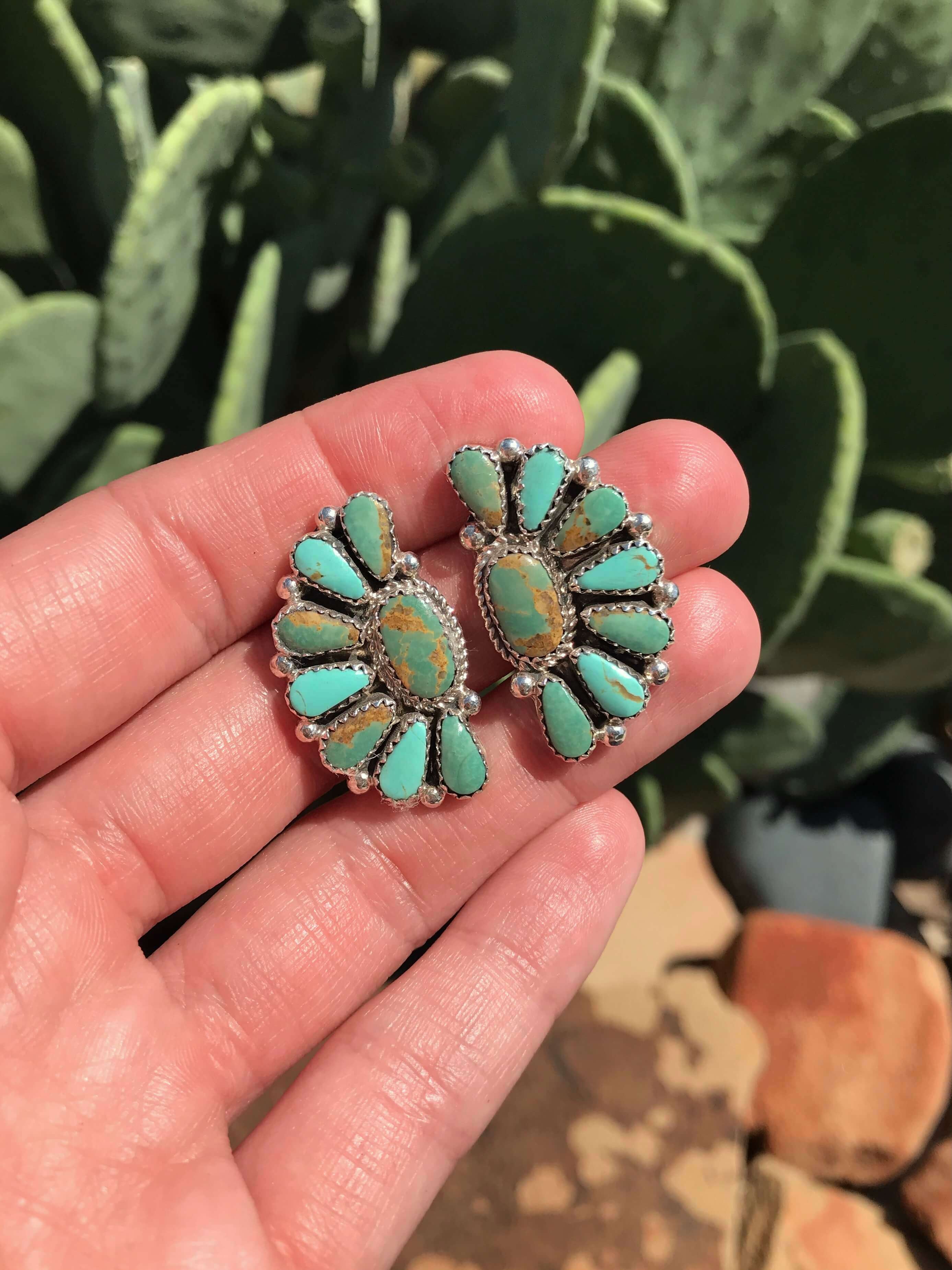 The Woodson Turquoise Cluster Earrings, 6-Earrings-Calli Co., Turquoise and Silver Jewelry, Native American Handmade, Zuni Tribe, Navajo Tribe, Brock Texas